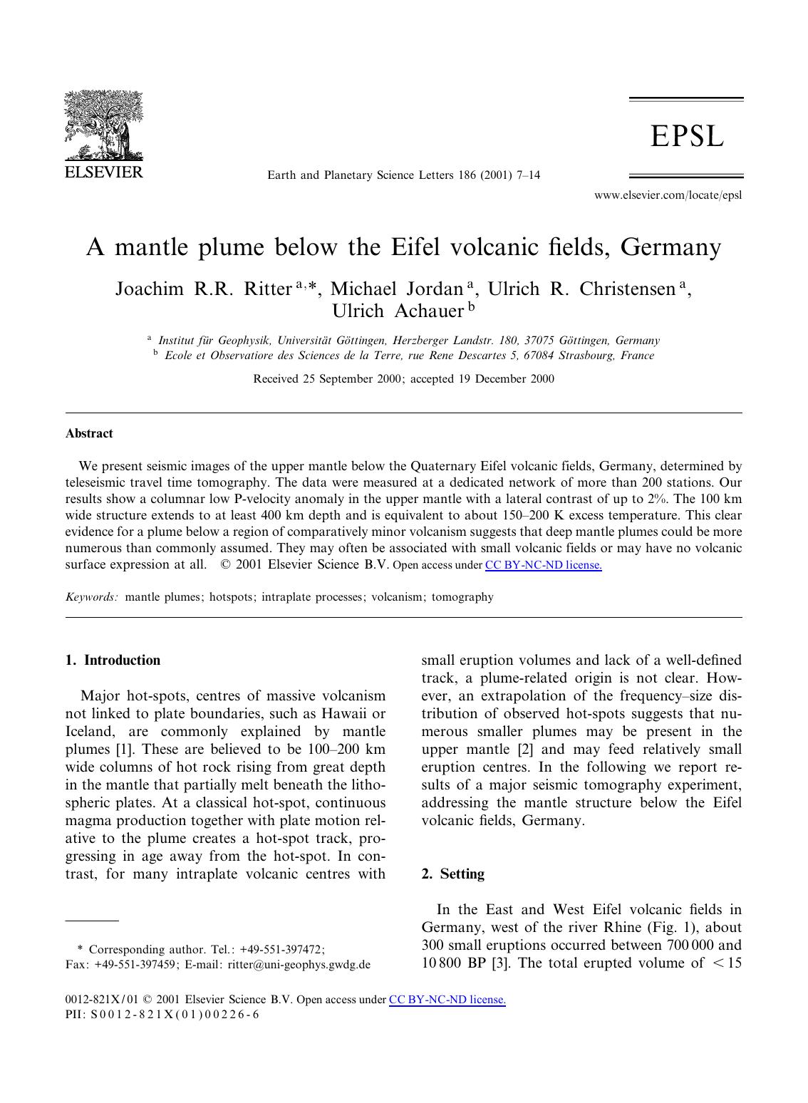 A Mantle Plume Below The Eifel Volcanic Fields Germany Joachim Rr Ritter