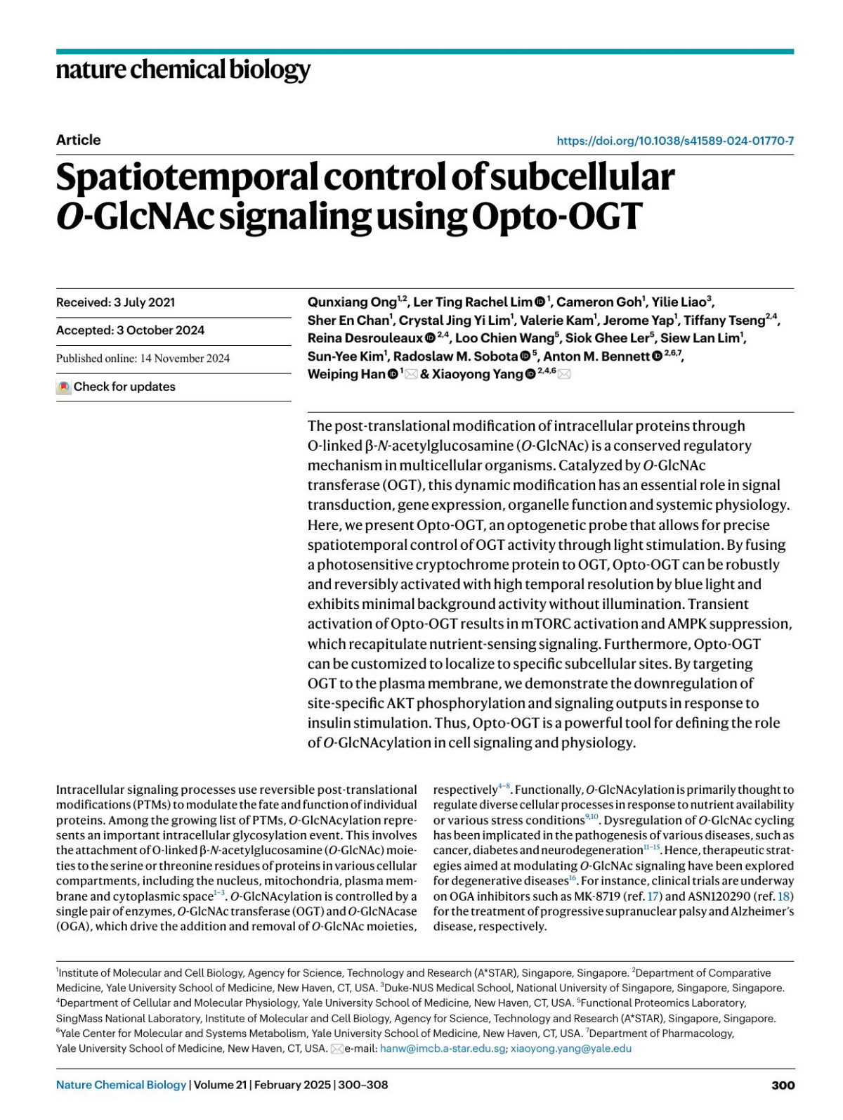 Spatiotemporal Control Of Subcellular Oglcnac Signaling Using Optoogt Qunxiang Ong Ler Ting Rachel Lim Cameron Goh Yilie Liao Sher En Chan Crystal Jing Yi Lim Valerie Kam Jerome Yap Tiffany Tseng Reina Desrouleaux Loo Chien Wang Siok Ghee Ler Siew Lan Lim Sunyee Kim Radoslaw M Sobota Anton