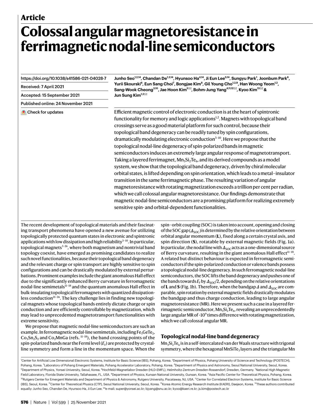 Colossal Angular Magnetoresistance In Ferrimagnetic Nodalline Semiconductors Junho Seo Chandan De Hyunsoo Ha Ji Eun Lee Sungyu Park Joonbum Park Yurii Skourski Eun Sang Choi Bongjae Kim Gil Young Cho Han Woong Yeom Sangwook Cheong Jae Hoon Kim Bohmjung Yang Kyoo Kim Jun Sung Kim
