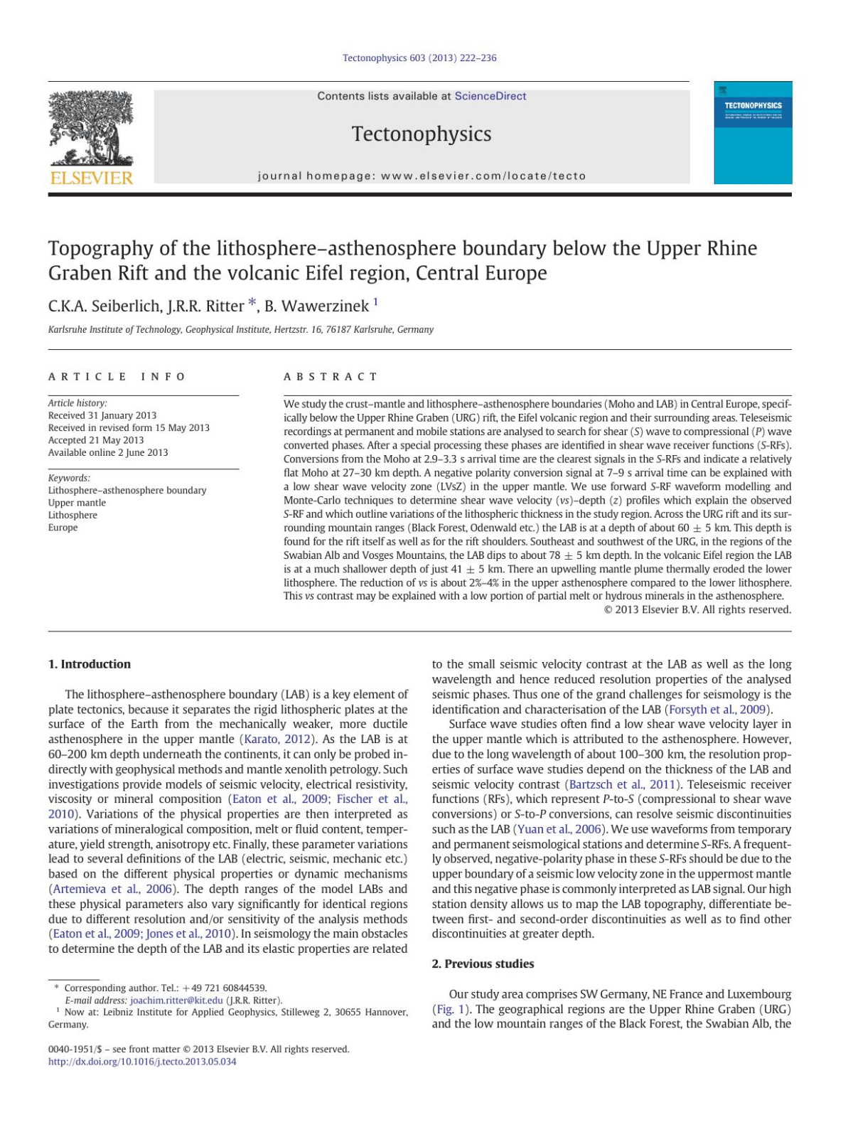 Topography Of The Lithosphereasthenosphere Boundary Below The Upper Rhine Graben Rift And The Volcanic Eifel Region Central Europe Cka Seiberlich Jrr Ritter B Wawerzinek