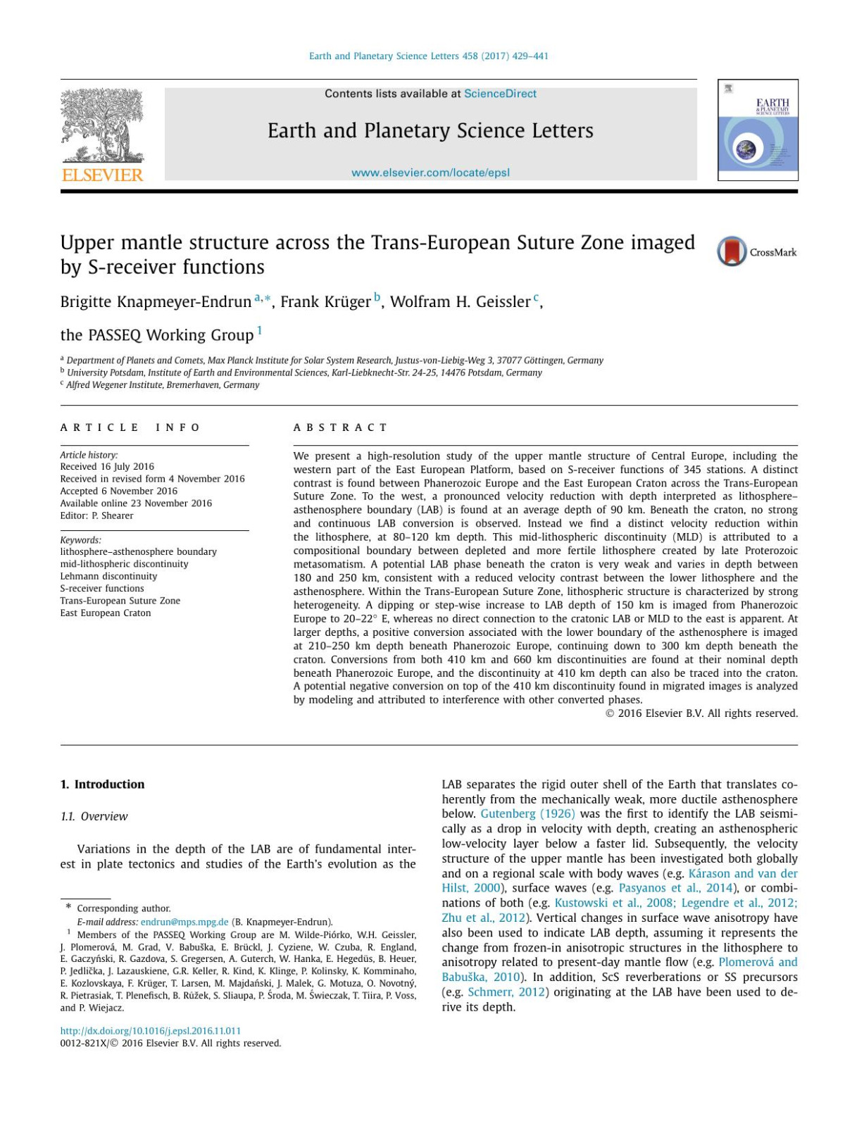 Upper Mantle Structure Across The Transeuropean Suture Zone Imaged By Sreceiver Functions Brigitte Knapmeyerendrun Frank Krüger Wolfram H Geissler The Passeq Working Group