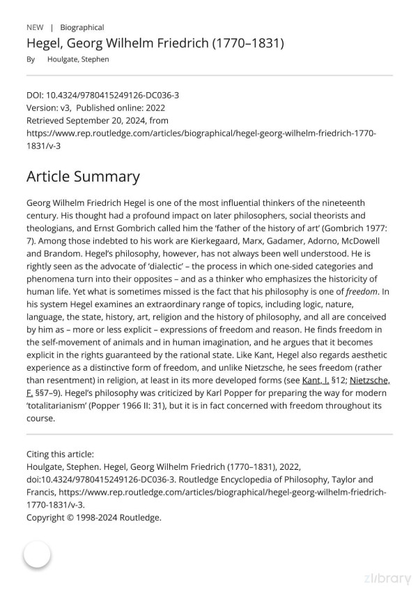 Hegel Georg Wilhelm Friedrich 17701831 In Rep 劳特利奇哲学百科辞条黑格尔 Stephen Houlgate 斯蒂芬霍尔盖特
