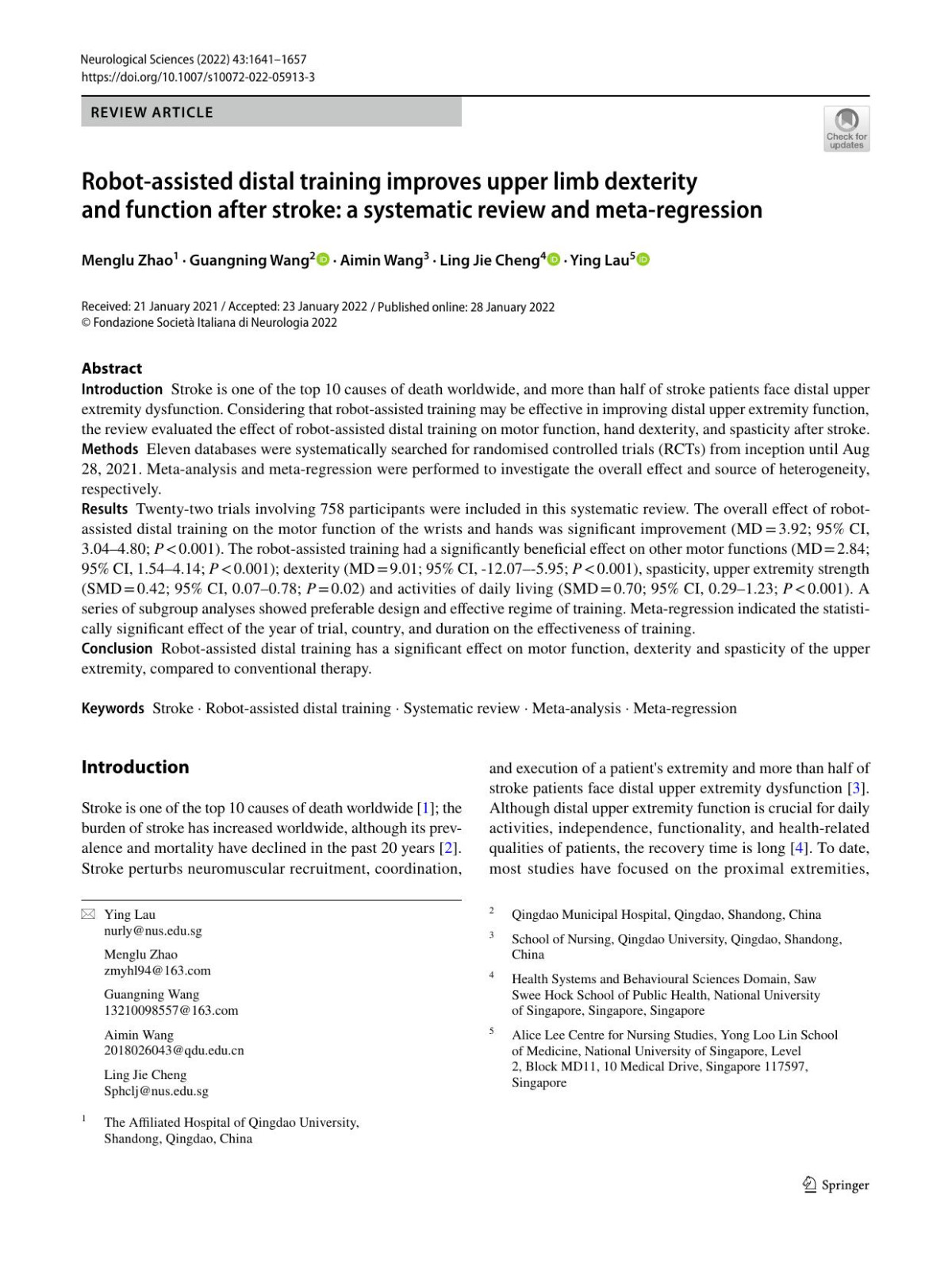 Robotassisted Distal Training Improves Upper Limb Dexterity And Function After Stroke A Systematic Review And Metaregression Menglu Zhao Guangning Wang Aimin Wang Ling Jie Cheng Ying Lau