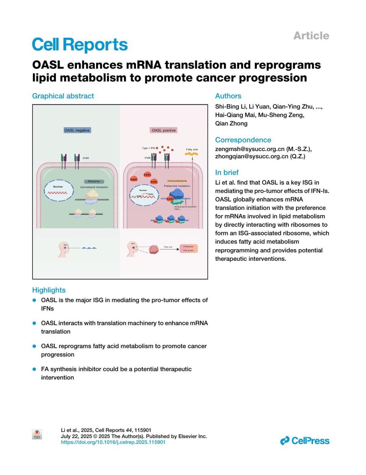 Oasl Enhances Mrna Translation And Reprogramslipid Metabolism To Promote Cancer Progression Shibing Li