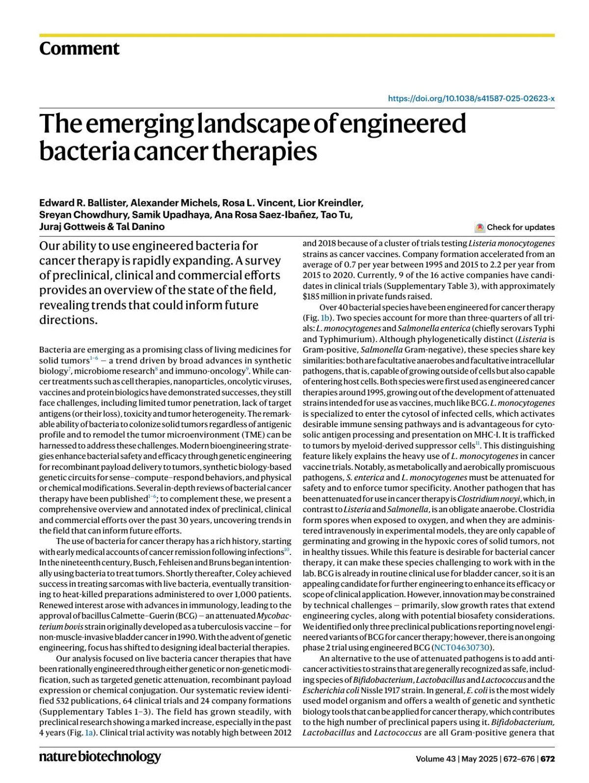 The Emerging Landscape Of Engineered Bacteria Cancer Therapies Edward R Ballister Alexander Michels Rosa L Vincent Lior Kreindler Sreyan Chowdhury Samik Upadhaya Ana Rosa Saezibañez Tao Tu Juraj Gottweis Tal Danino