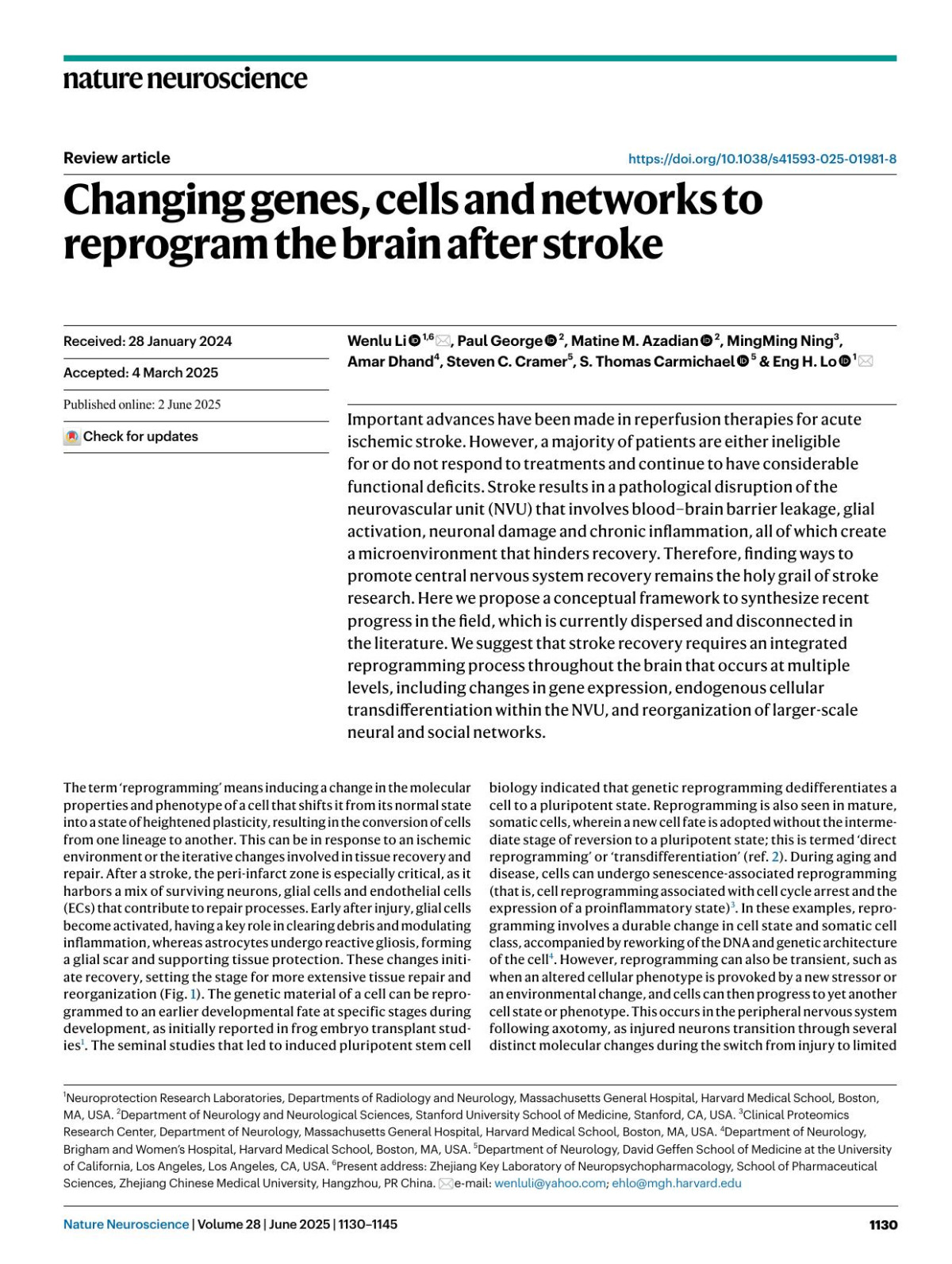 Changing Genes Cells And Networks To Reprogram The Brain After Stroke Wenlu Li Paul George Matine M Azadian Mingming Ning Amar Dhand Steven C Cramer S Thomas Carmichael Eng H Lo