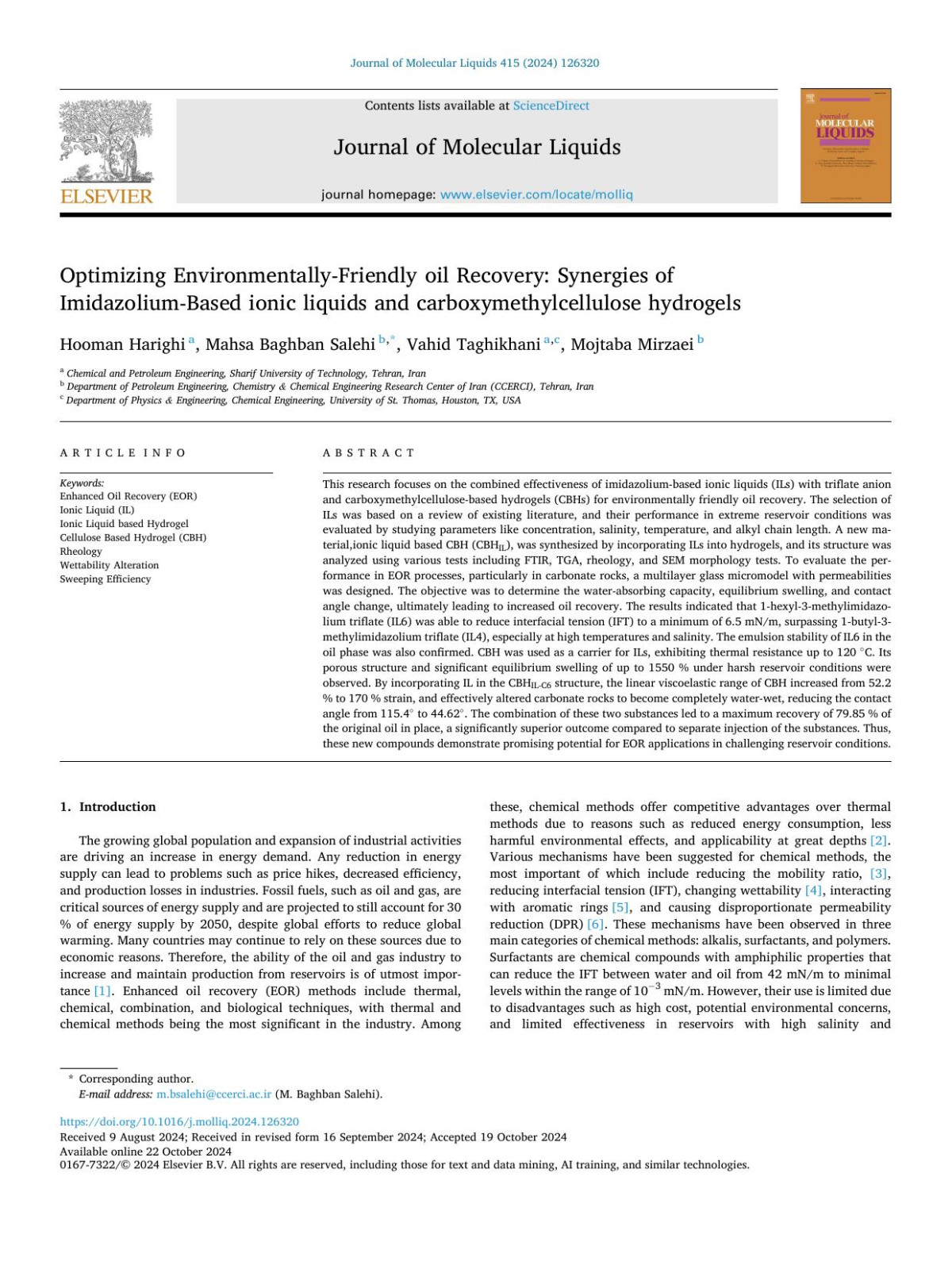 Optimizing Environmentallyfriendly Oil Recovery Synergies Of Imidazoliumbased Ionic Liquids And Carboxymethylcellulose Hydrogels Hooman Harighi