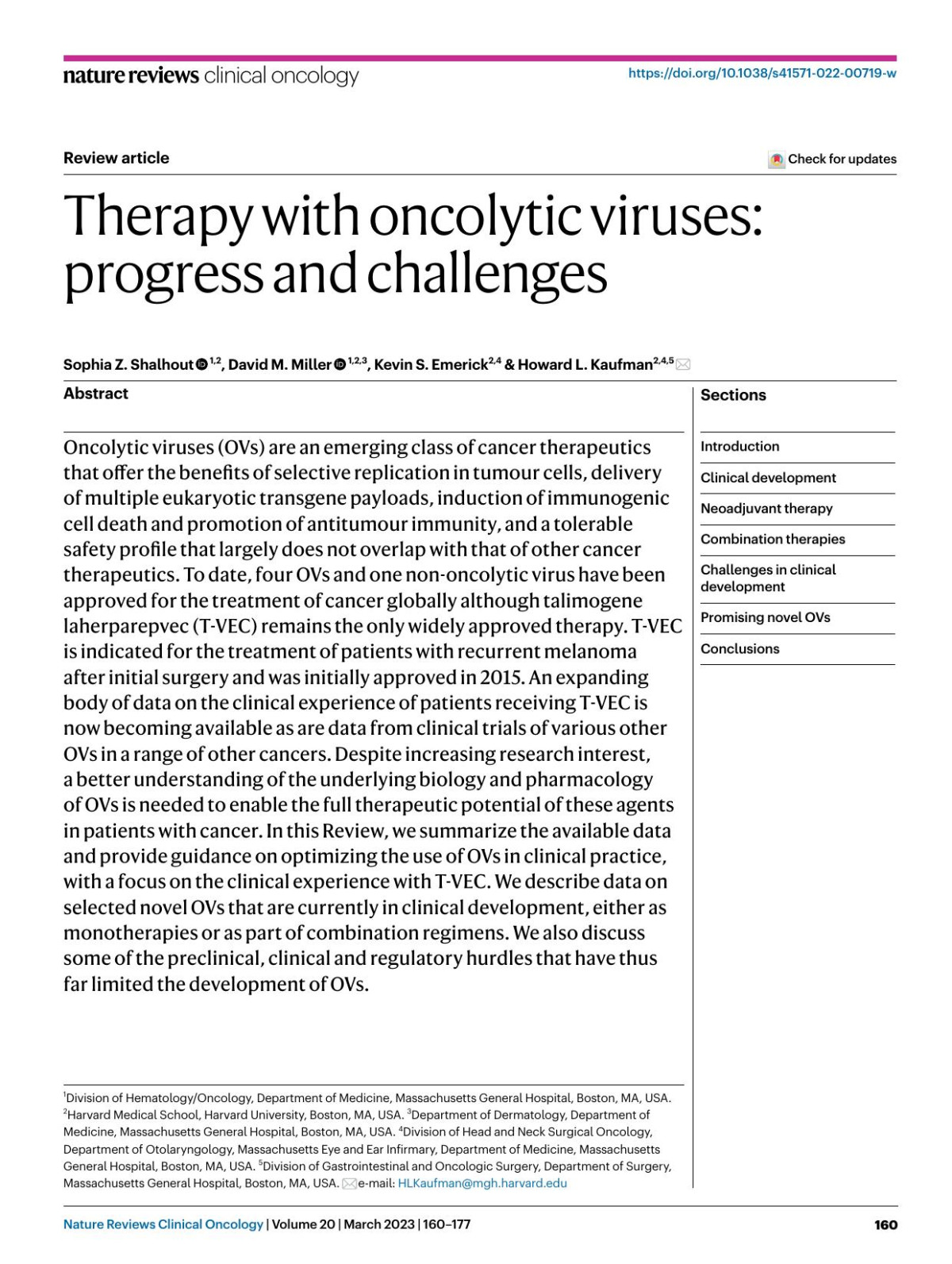 Therapy With Oncolytic Viruses Progress And Challenges Sophia Z Shalhout David M Miller Kevin S Emerick Howard L Kaufman