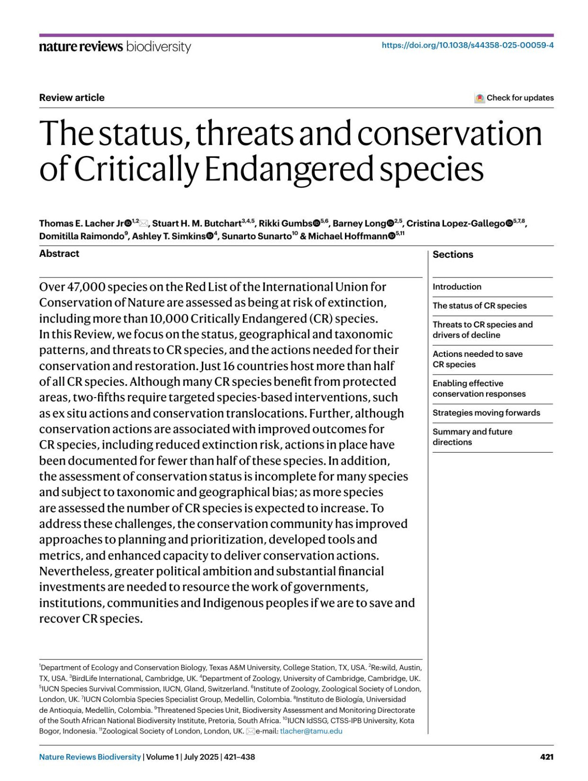 The Status Threats And Conservation Of Critically Endangered Species Thomas E Lacher Stuart H M Butchart Rikki Gumbs Barney Long Cristina Lopezgallego Domitilla Raimondo Ashley T Simkins Sunarto Sunarto Michael Hoffmann