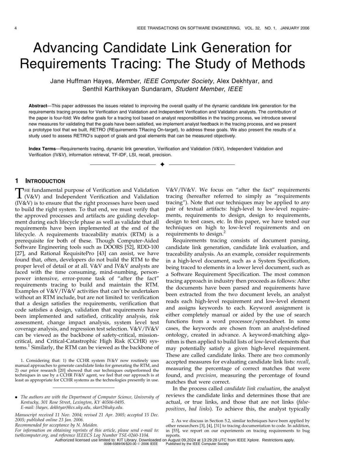 Advancing Candidate Link Generation For Requirements Tracing The Study Of Methods Jh Hayes
