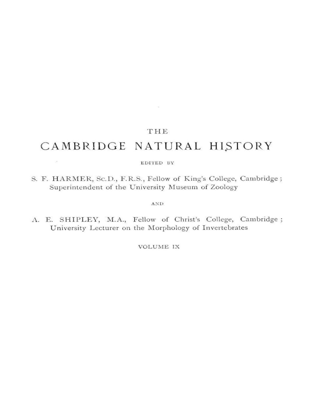 The Cambridge Natural History Vol 09 Of 10 A H Evans