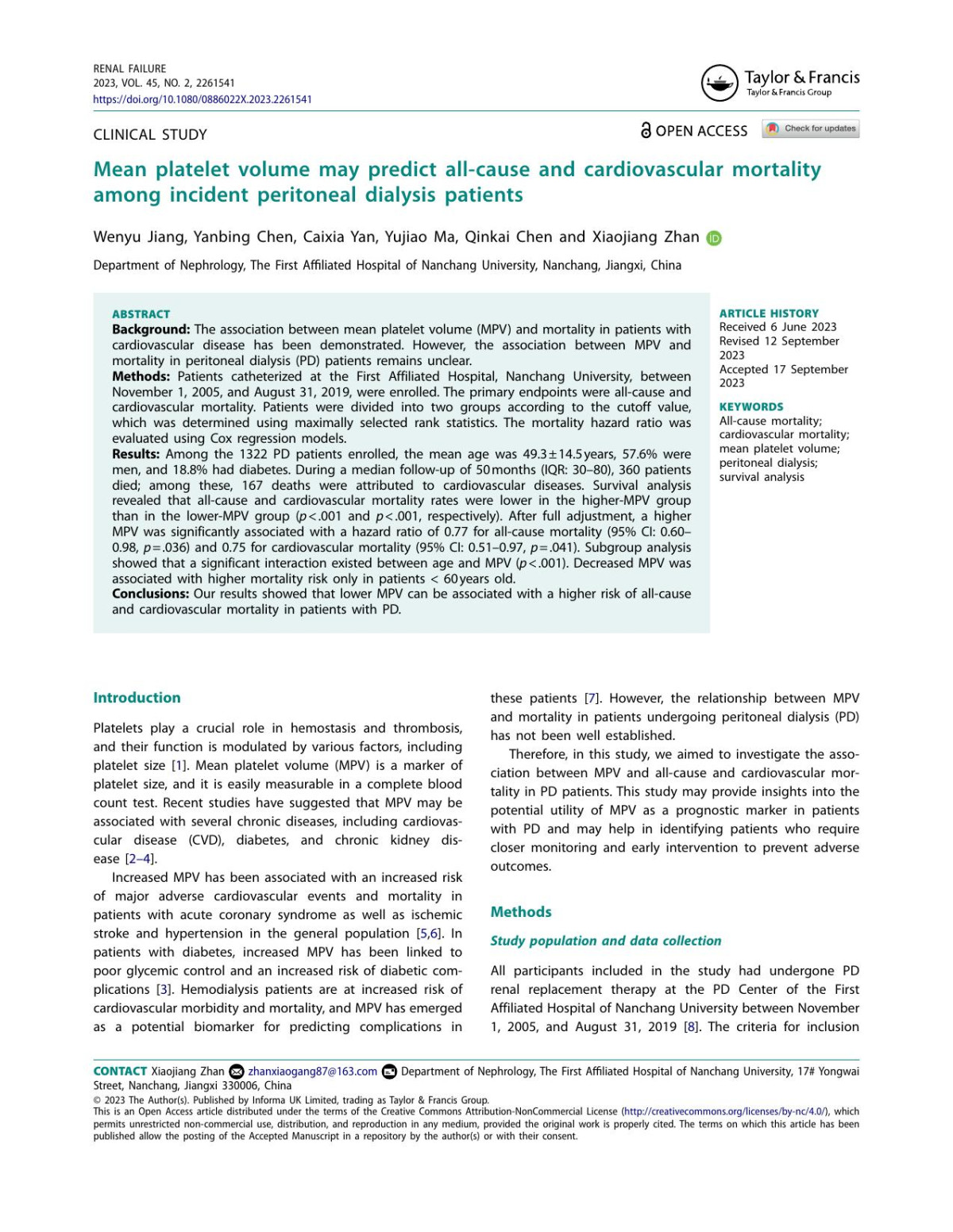 Mean Platelet Volume May Predict Allcause And Cardiovascular Mortality Among Incident Peritoneal Dialysis Patients Jiang Wenyu Chen Yanbing Yan Caixia Ma Yujiao Chen Qinkai Zhan Xiaojiang