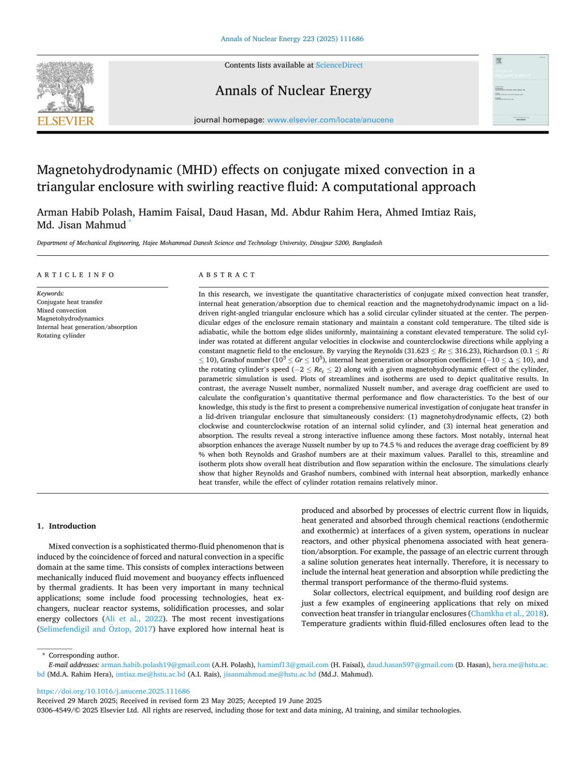 Magnetohydrodynamic Mhd Effects On Conjugate Mixed Convection In A Triangular Enclosure With Swirling Reactive Fluid A Computational Approach Arman Habib Polash