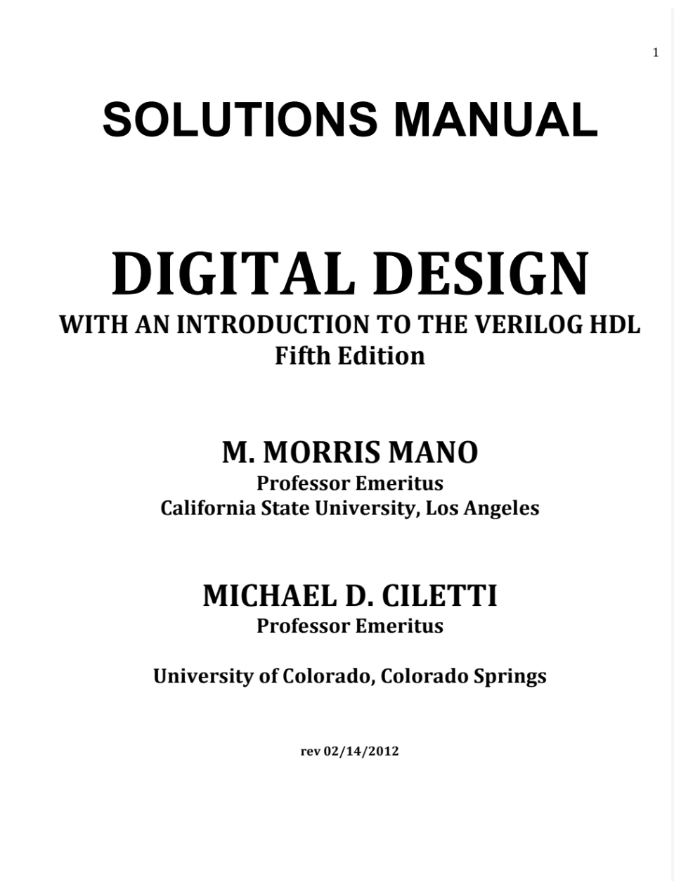Solutions Manual Digital Design With An Introduction To The Verilog Hdl 5th Ed M Morris Mano M D Ciletti