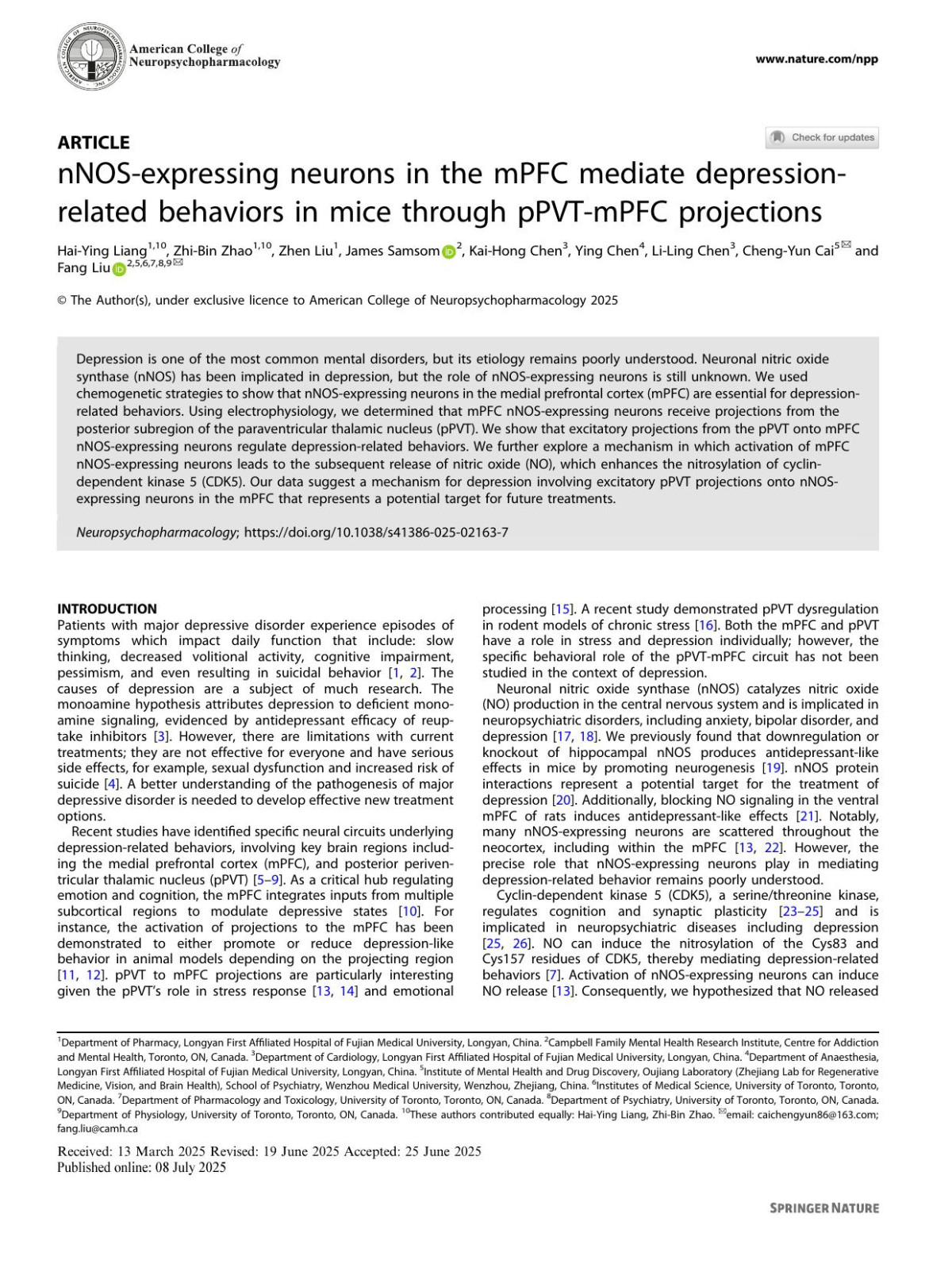Nnosexpressing Neurons In The Mpfc Mediate Depressionrelated Behaviors In Mice Through Ppvtmpfc Projections Haiying Liang Zhibin Zhao Zhen Liu James Samsom Kaihong Chen Ying Chen Liling Chen Chengyun Cai Fang Liu