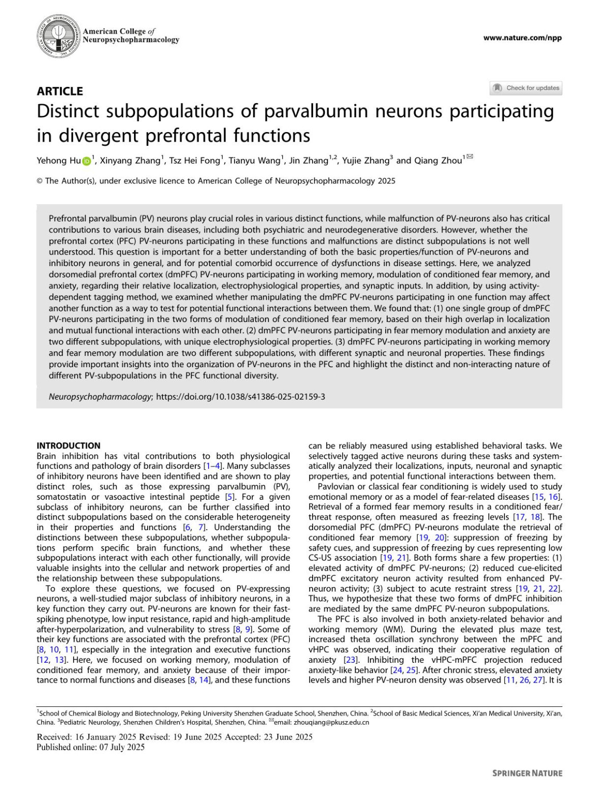 Distinct Subpopulations Of Parvalbumin Neurons Participating In Divergent Prefrontal Functions Yehong Hu Xinyang Zhang Tsz Hei Fong Tianyu Wang Jin Zhang Yujie Zhang Qiang Zhou