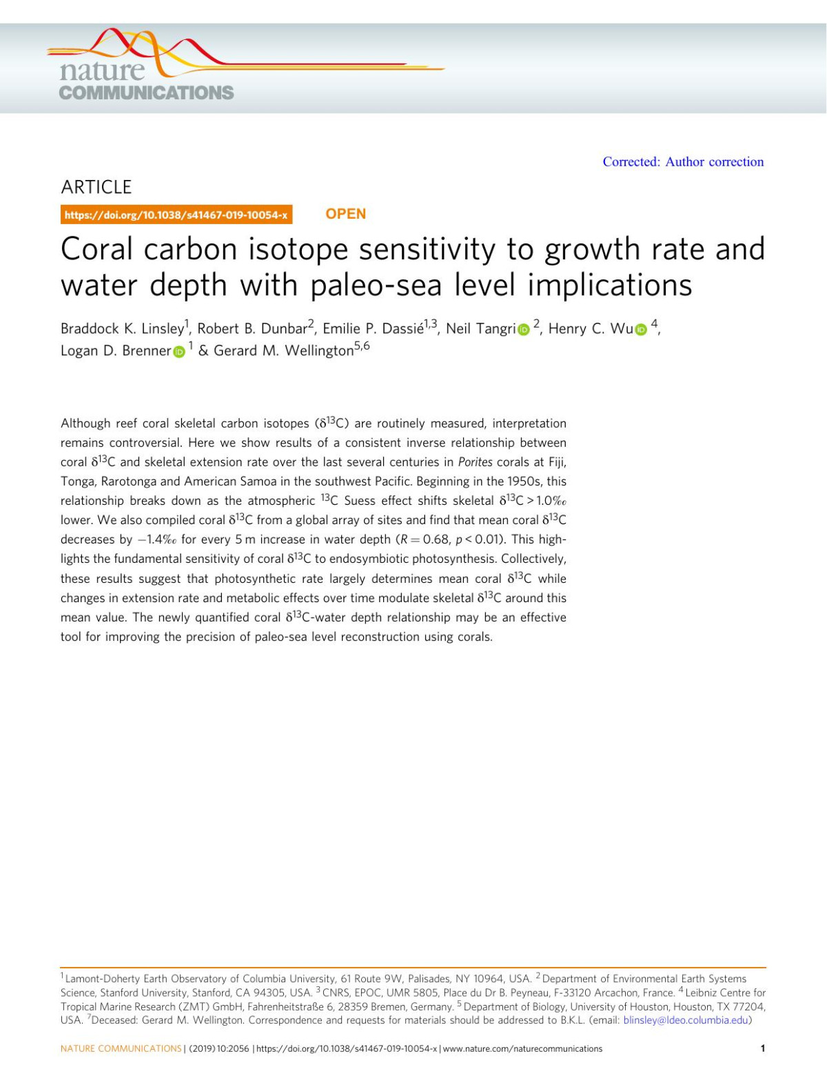 Coral Carbon Isotope Sensitivity To Growth Rate And Water Depth With Paleosea Level Implications Braddock K Linsley Robert B Dunbar Emilie P Dassié Neil Tangri Henry C Wu Logan D Brenner Gerard M Wellington