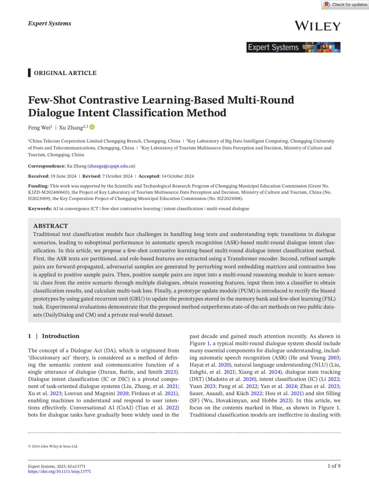 Fewshot Contrastive Learningbased Multiround Dialogue Intent Classification Method Feng Wei