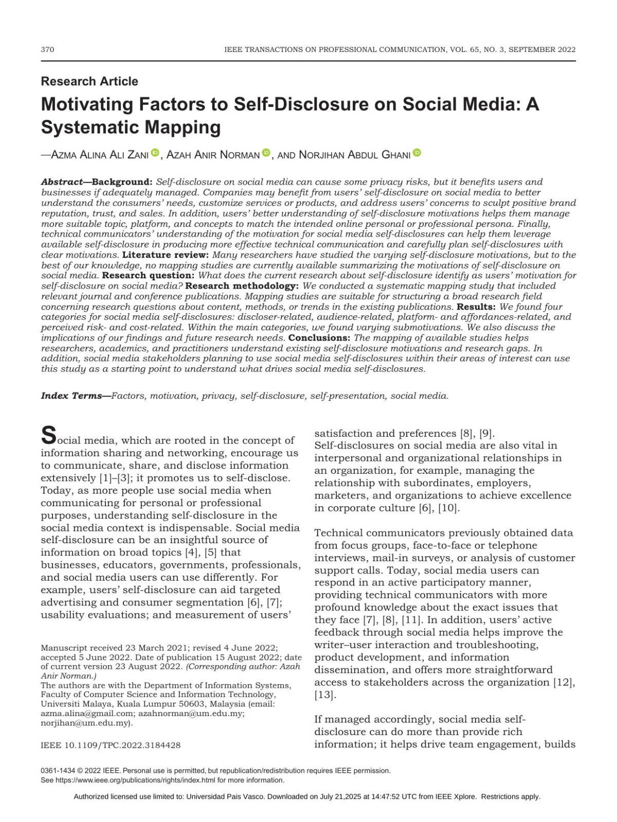 Motivating Factors To Selfdisclosure On Social Media A Systematic Mapping 3rd Edition Azma Alina Ali Zani