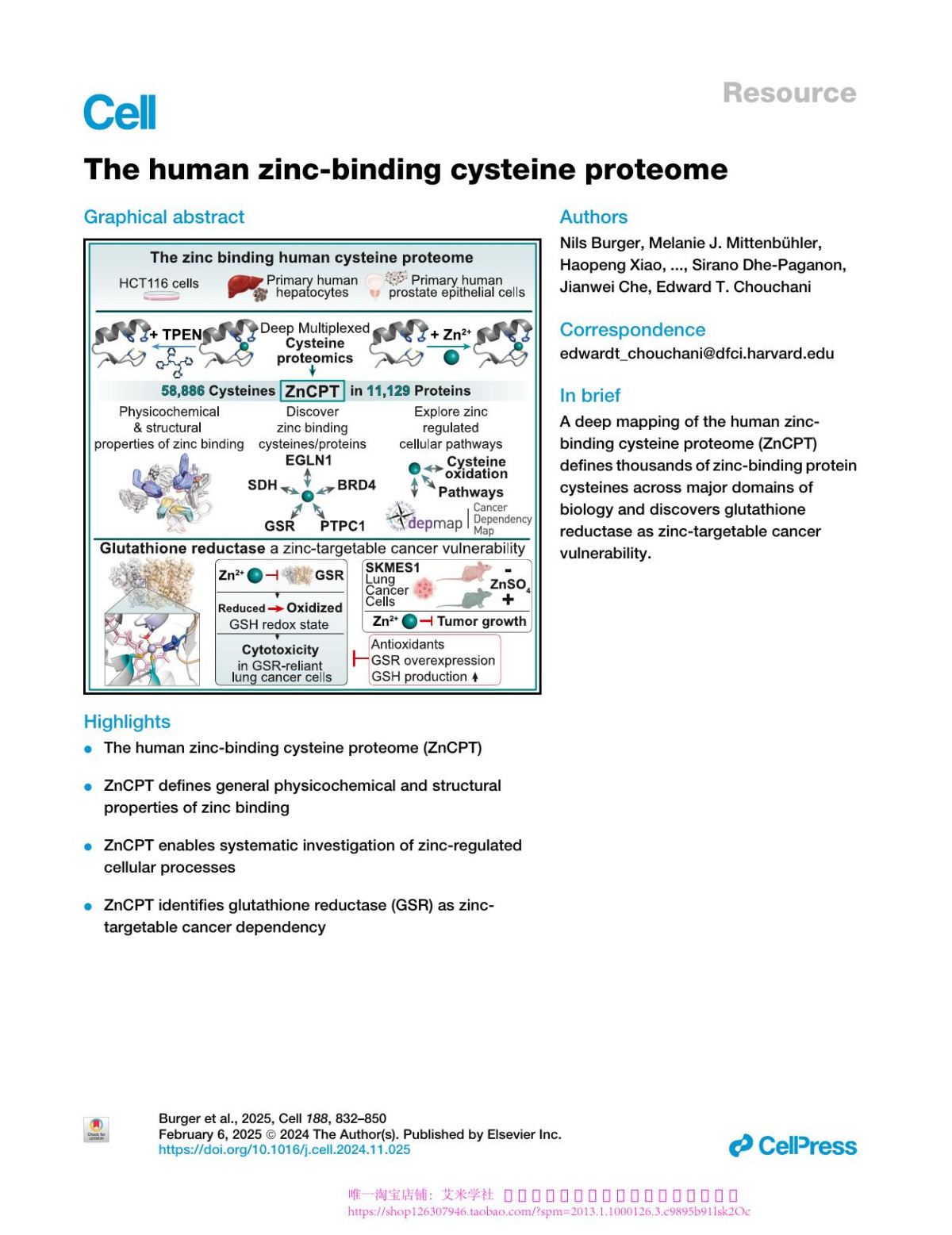 The Human Zincbinding Cysteine Proteome Nils Burger Melanie J Mittenbühler Haopeng Xiao Sanghee Shin Shelley M Wei Erik K Henze Sebastian Schindler Sepideh Mehravar David M Wood Jonathan J Petrocelli Yizhi Sun Hansgeorg Sprenger Pedro Latorremuro Amanda L