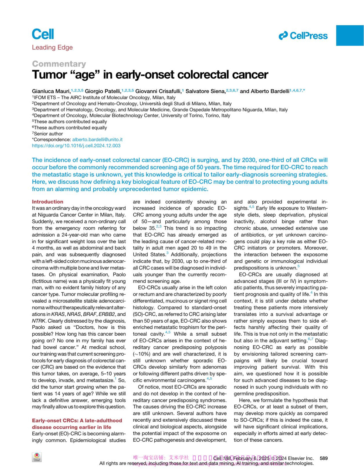 Tumor X201cagex201d In Earlyonset Colorectal Cancer Gianluca Mauri Giorgio Patelli Giovanni Crisafulli Salvatore Siena Alberto Bardelli