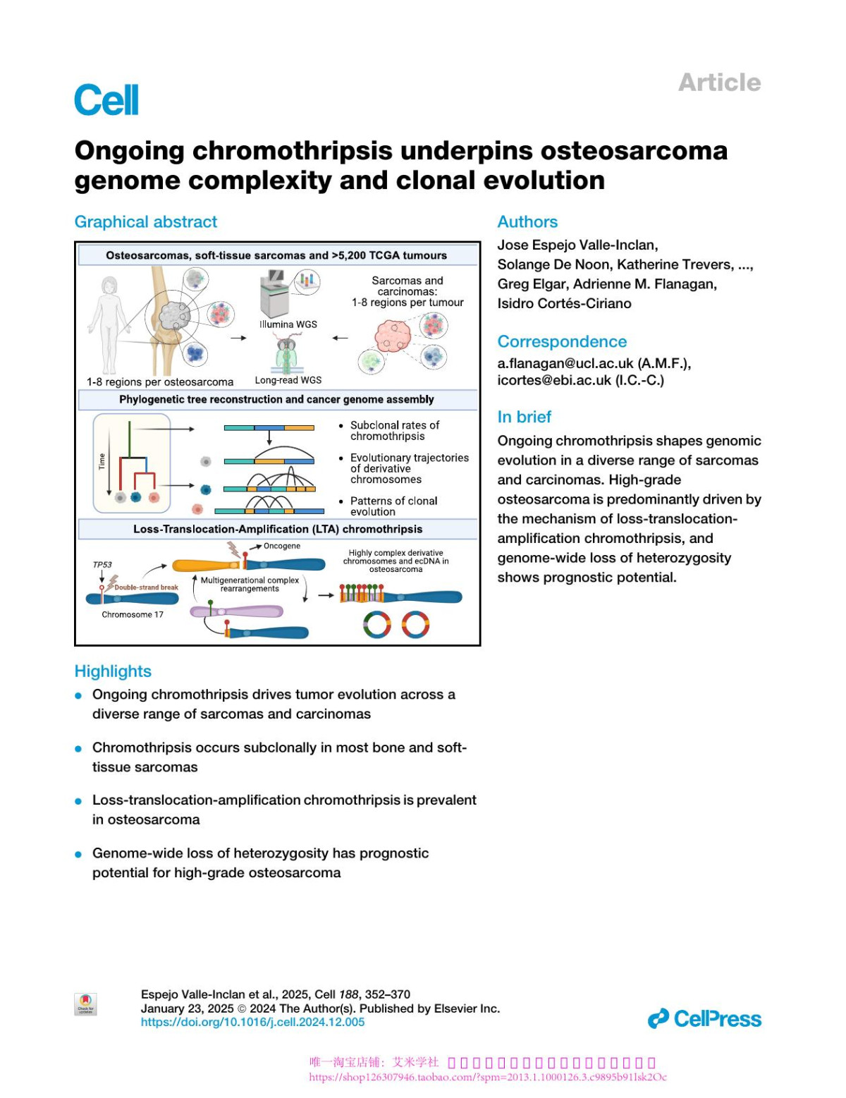 Ongoing Chromothripsis Underpins Osteosarcoma Genome Complexity And Clonal Evolution Jose Espejo Valleinclan Solange De Noon Katherine Trevers Hillary Elrick Ianthe Aem Van Belzen Sonia Zumalave Carolin M Sauer Mélanie Tanguy Thomas Butters Francesc Muyas Alistair G Rust Fernanda Amary Roberto Tirabosco