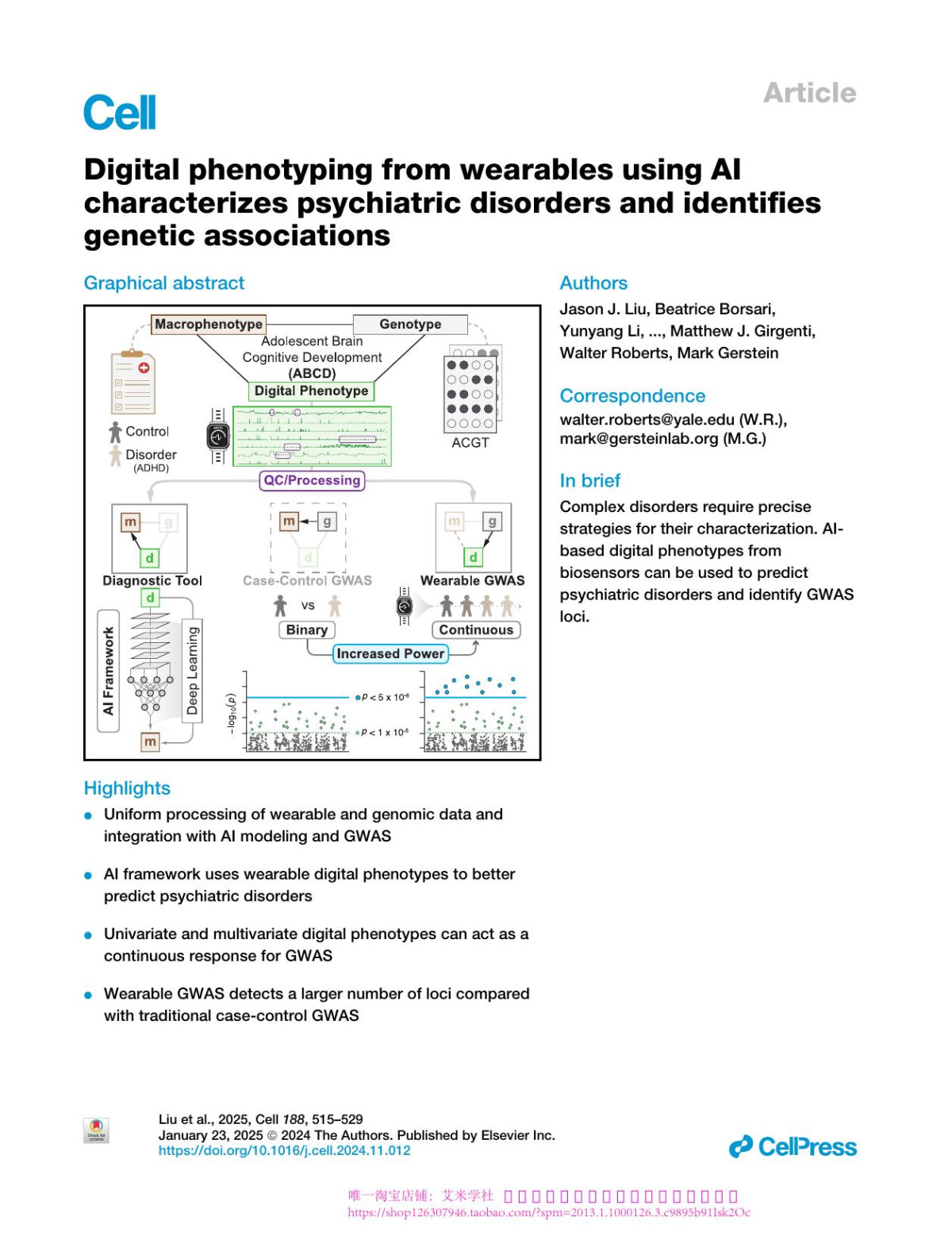 Digital Phenotyping From Wearables Using Ai Characterizes Psychiatric Disorders And Identifies Genetic Associations Jason J Liu Beatrice Borsari Yunyang Li Susanna X Liu Yuan Gao Xin Xin Shaoke Lou Matthew Jensen Diego Garridomartín Terril L Verplaetse Garrett Ash Jing Zhang Matthew J Girgenti Walter Roberts Mark Gerstein