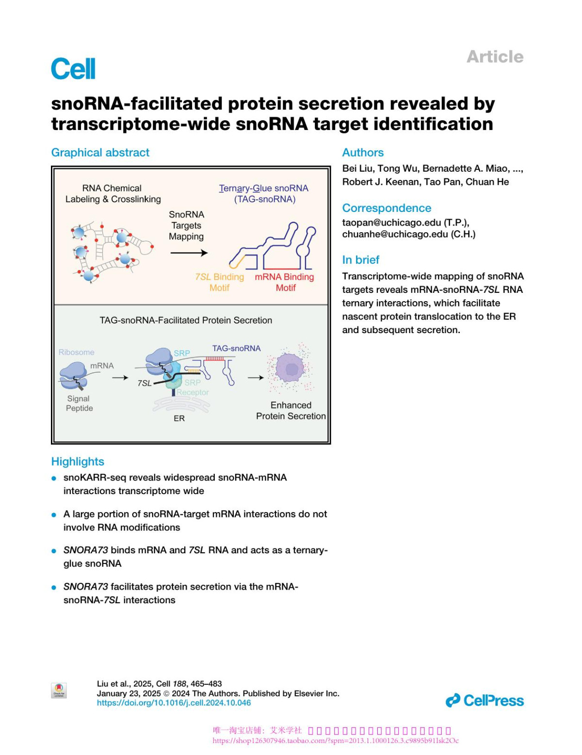 Snornafacilitated Protein Secretion Revealed By Transcriptomewide Snorna Target Identification Bei Liu Tong Wu Bernadette A Miao Fei Ji Shun Liu Pingluan Wang Yutao Zhao Yuhao Zhong Arunkumar Sundaram Tiebo Zeng Marta Majcherskaagrawal Robert J Keenan Tao Pan Chuan He