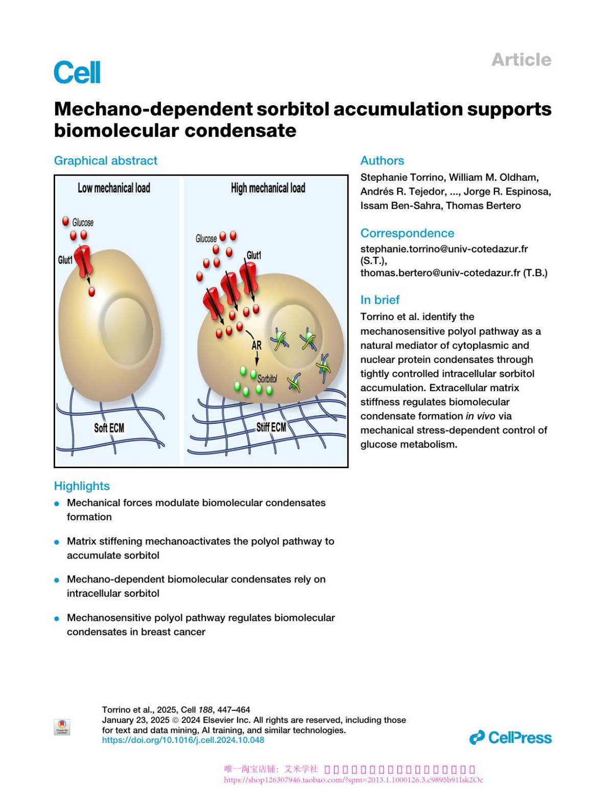 Mechanodependent Sorbitol Accumulation Supports Biomolecular Condensate Stephanie Torrino William M Oldham Andrés R Tejedor Ignacio S Burgos Lara Nasr Nesrine Rachedi Kéren Fraissard Caroline Chauvet Chaima Sbai Brendan P Ohara Sophie Abélanet Frederic Brau Cyril Favard Stephan Clavel