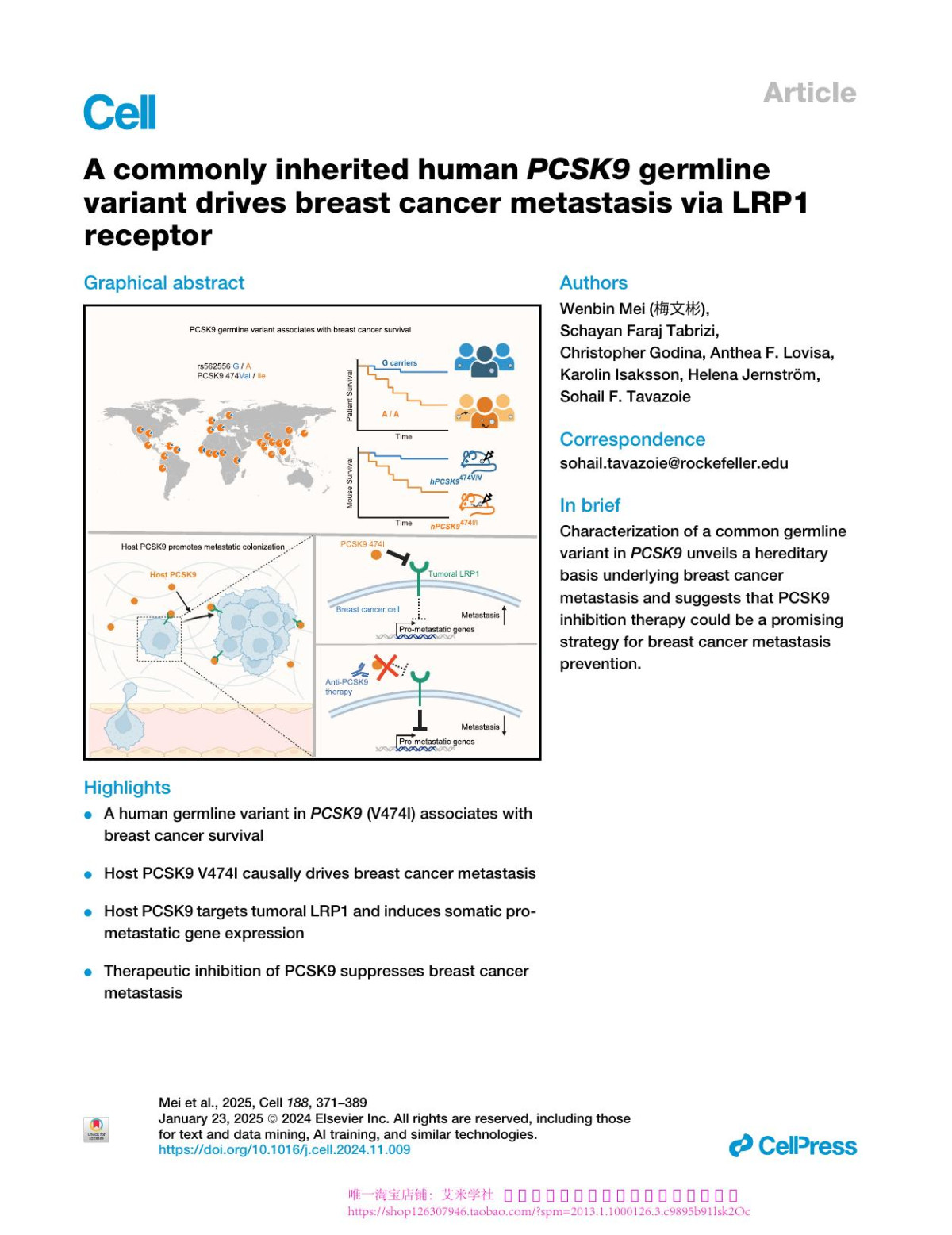 A Commonly Inherited Human Pcsk9 Germline Variant Drives Breast Cancer Metastasis Via Lrp1 Receptor Wenbin Mei 梅文彬 Schayan Faraj Tabrizi Christopher Godina Anthea F Lovisa Karolin Isaksson Helena Jernström Sohail F Tavazoie