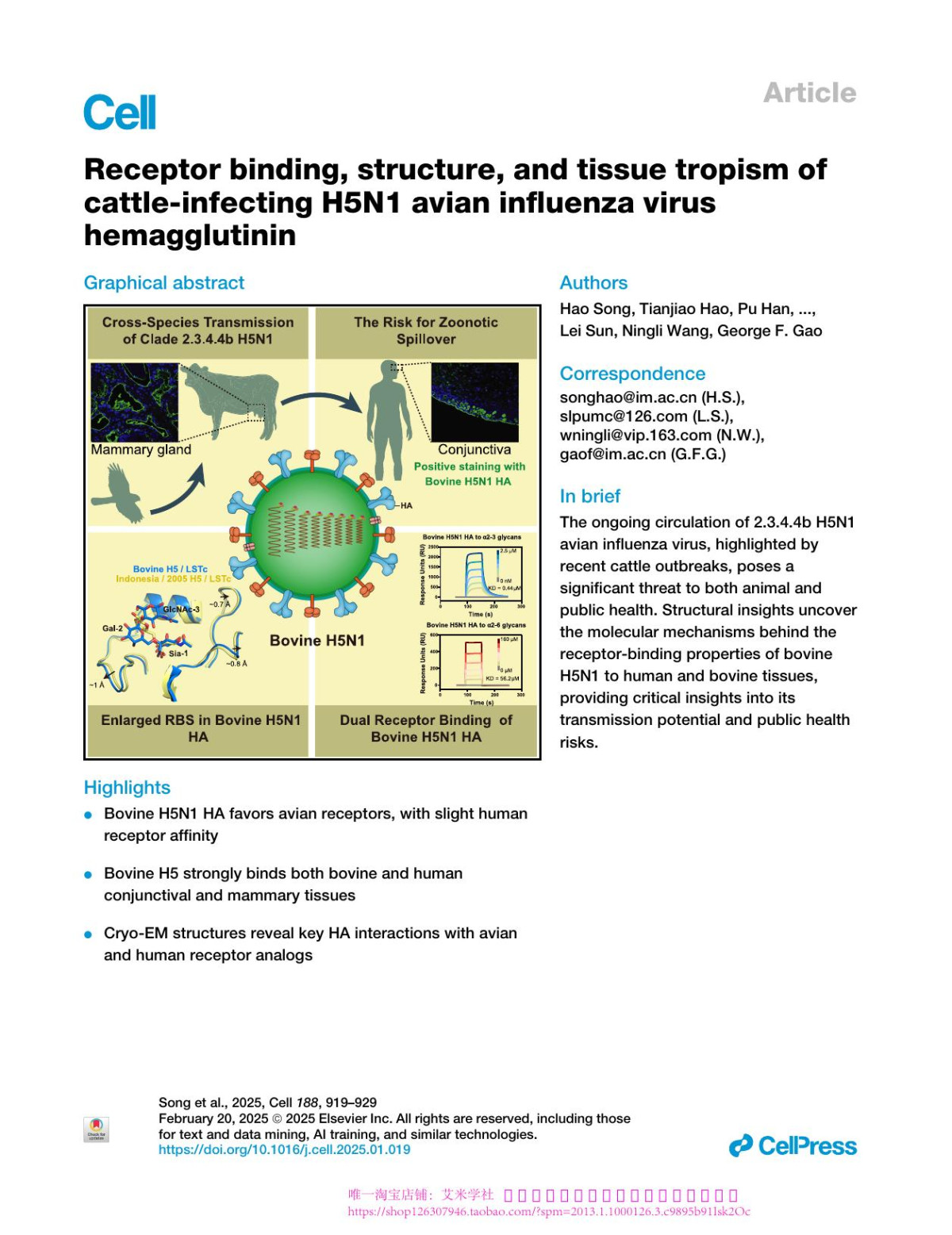 Receptor Binding Structure And Tissue Tropism Of Cattleinfecting H5n1 Avian Influenza Virus Hemagglutinin Hao Song Tianjiao Hao Pu Han Haichen Wang Xu Zhang Xiaomei Li Yuxuan Wang Jiamin Chen Ying Li Xiyue Jin Xuefeng Duan Wei Zhang Yuhai Bi Ronghua Jin Lei Sun Ningli Wang George F Gao