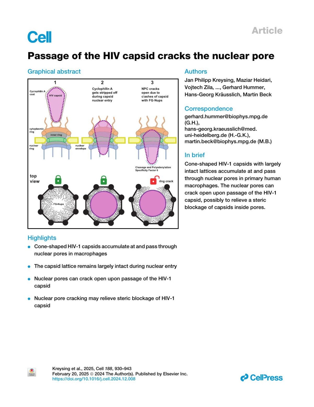 Passage Of The Hiv Capsid Cracks The Nuclear Pore Jan Philipp Kreysing Maziar Heidari Vojtech Zila Sergio Cruzleón Agnieszka Obarskakosinska Vibor Laketa Lara Rohleder Sonja Welsch Jürgen Köfinger Beata Turoňová Gerhard Hummer Hansgeorg Kräusslich Martin Beck