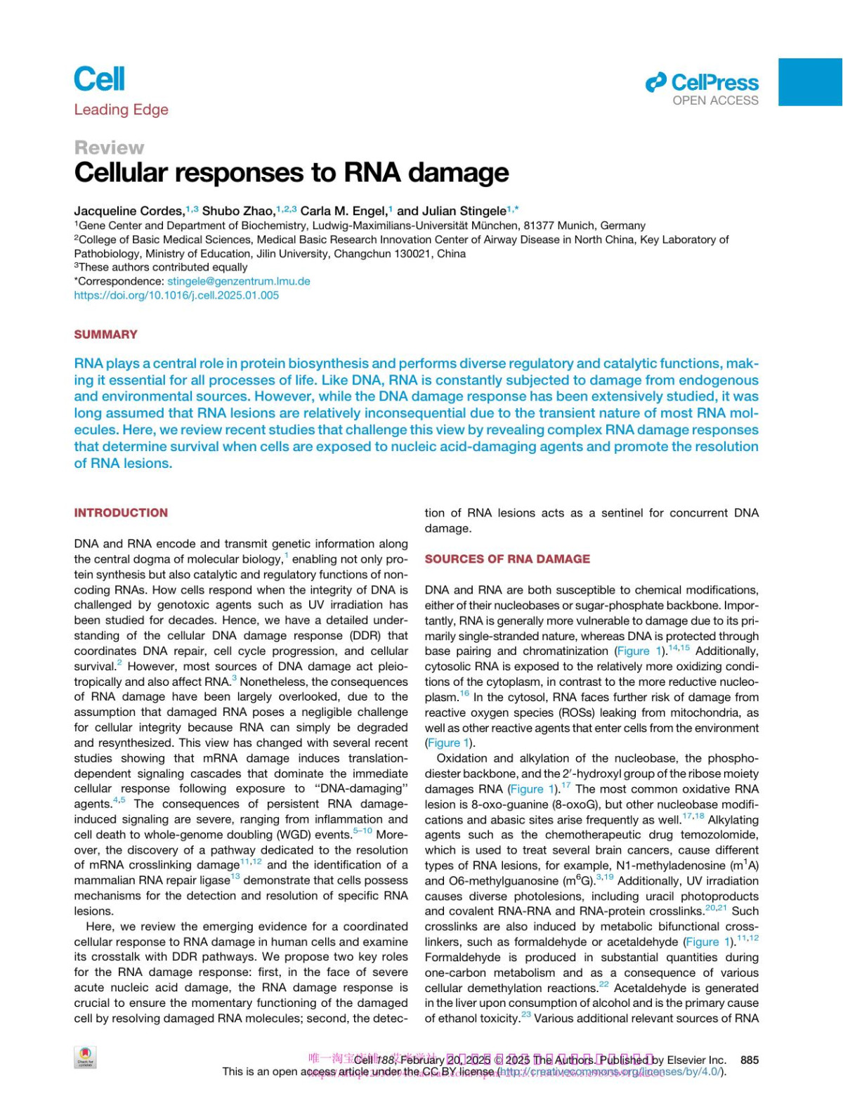 Cellular Responses To Rna Damage Jacqueline Cordes Shubo Zhao Carla M Engel Julian Stingele