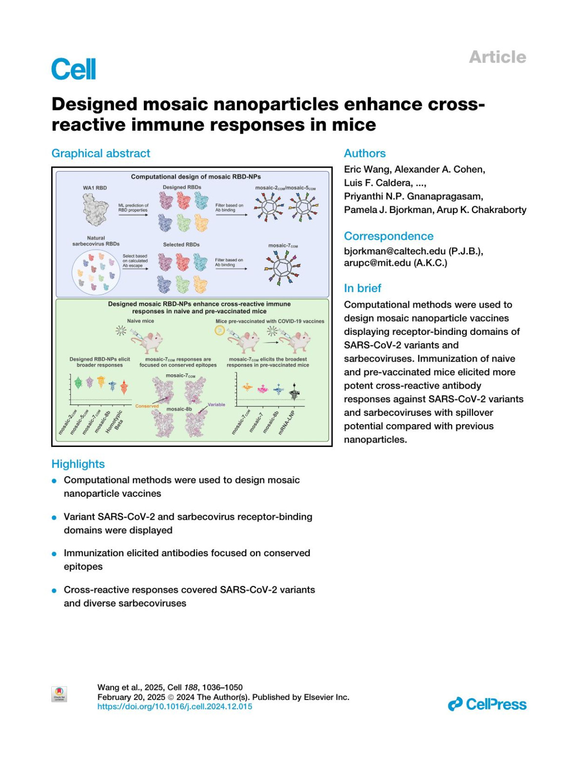 Designed Mosaic Nanoparticles Enhance Crossreactive Immune Responses In Mice Eric Wang Alexander A Cohen Luis F Caldera Jennifer R Keeffe Annie V Rorick Yusuf M Adia Priyanthi Np Gnanapragasam Pamela J Bjorkman Arup K Chakraborty