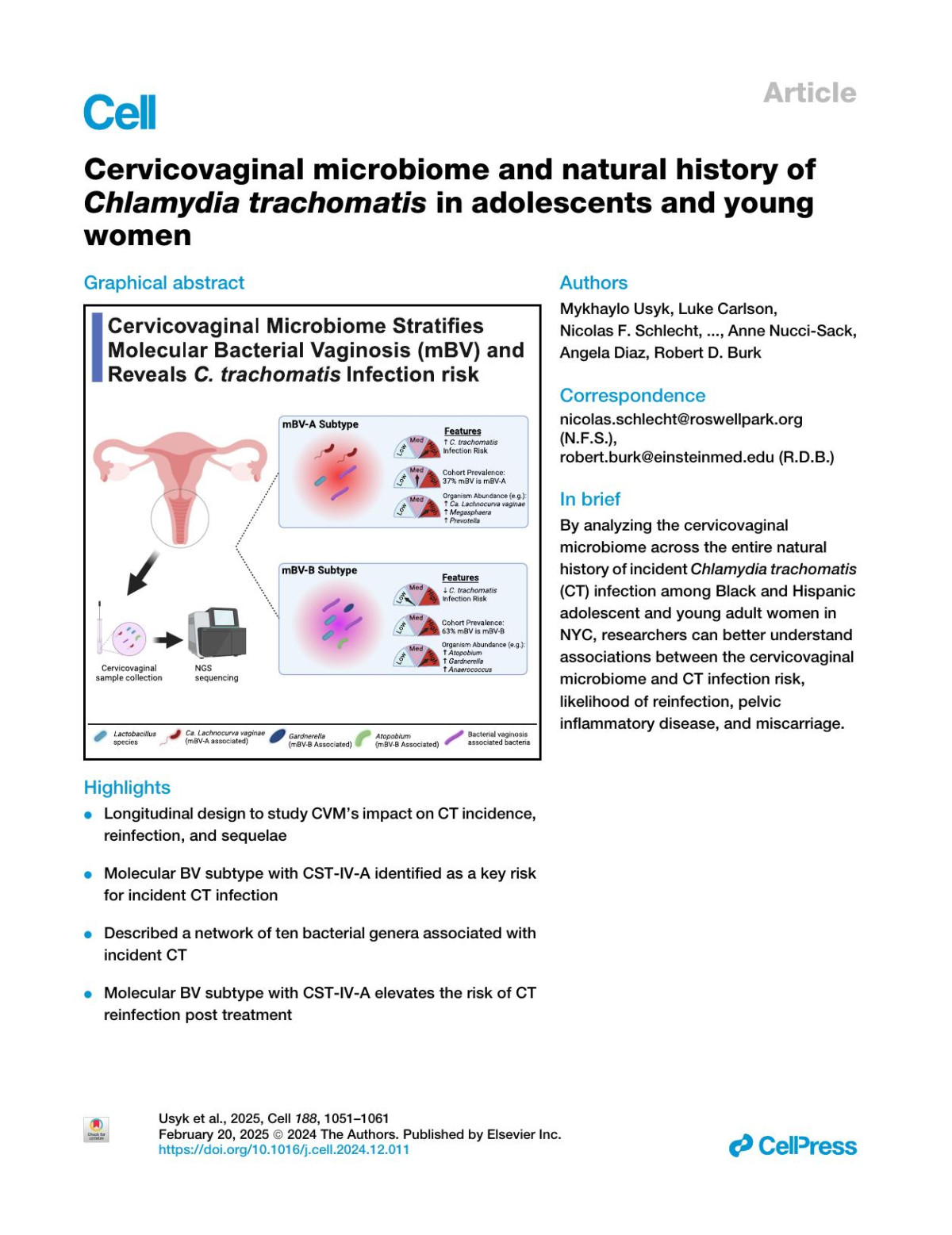 Cervicovaginal Microbiome And Natural History Of Chlamydia Trachomatis In Adolescents And Young Women Mykhaylo Usyk Luke Carlson Nicolas F Schlecht Christopher C Sollecito Evan Grassi Fanua Wiek Shankar Viswanathan Howard D Strickler Anne Nuccisack Angela Diaz Robert D Burk