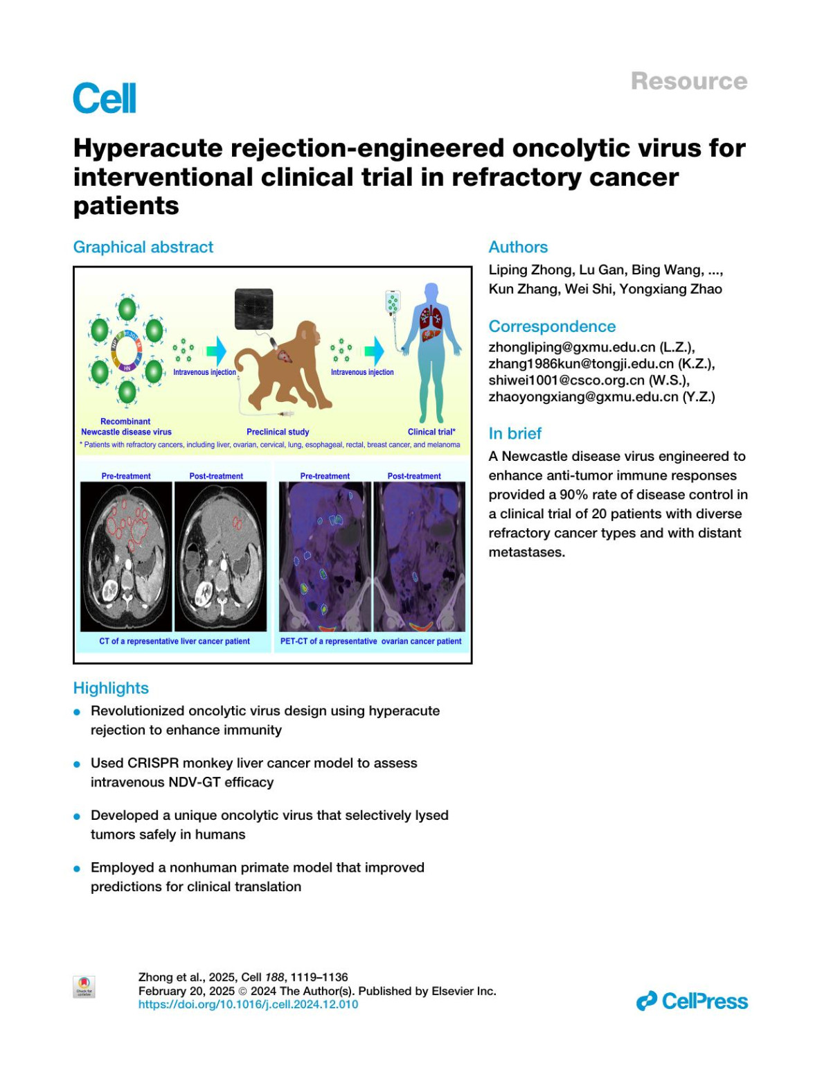 Hyperacute Rejectionengineered Oncolytic Virus For Interventional Clinical Trial In Refractory Cancer Patients Liping Zhong Lu Gan Bing Wang Tao Wu Fei Yao Wenlin Gong Hongmei Peng Zhiming Deng Guoyou Xiao Xiyu Liu Jintong Na Desong Xia Xianjun Yu Zhikun Zhang Bangde Xiang Yu Huo Dan Yan Zhixin Dong Fang Fang Yun Ma