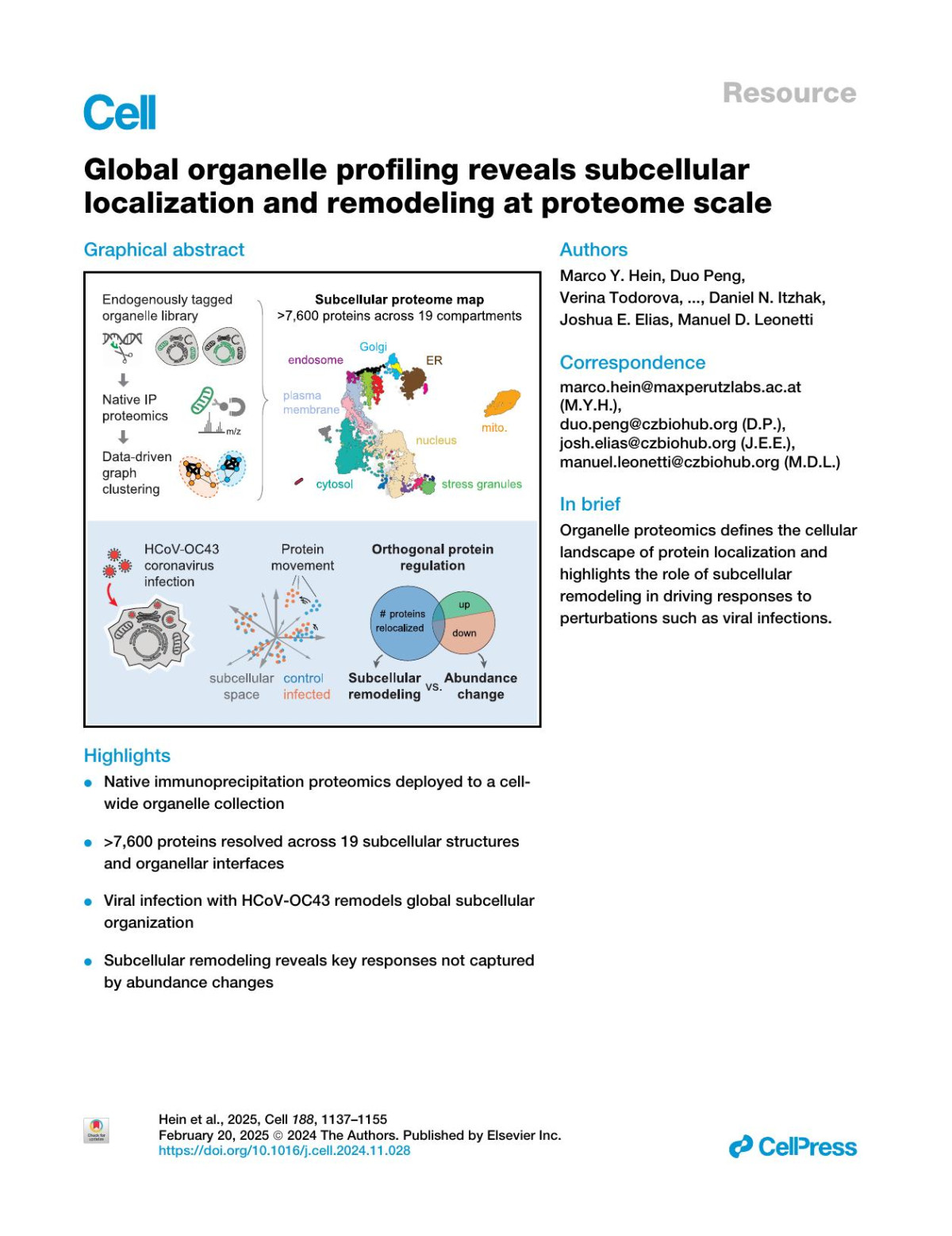 Global Organelle Profiling Reveals Subcellular Localization And Remodeling At Proteome Scale Marco Y Hein Duo Peng Verina Todorova Frank Mccarthy Kibeom Kim Chad Liu Laura Savy Camille Januel Rodrigo Baltazarnunez Madhurya Sekhar Shivanshi Vaid Sophie Bax Madhuri Vangipuram James Burgess Leila Njoya Eileen Wang