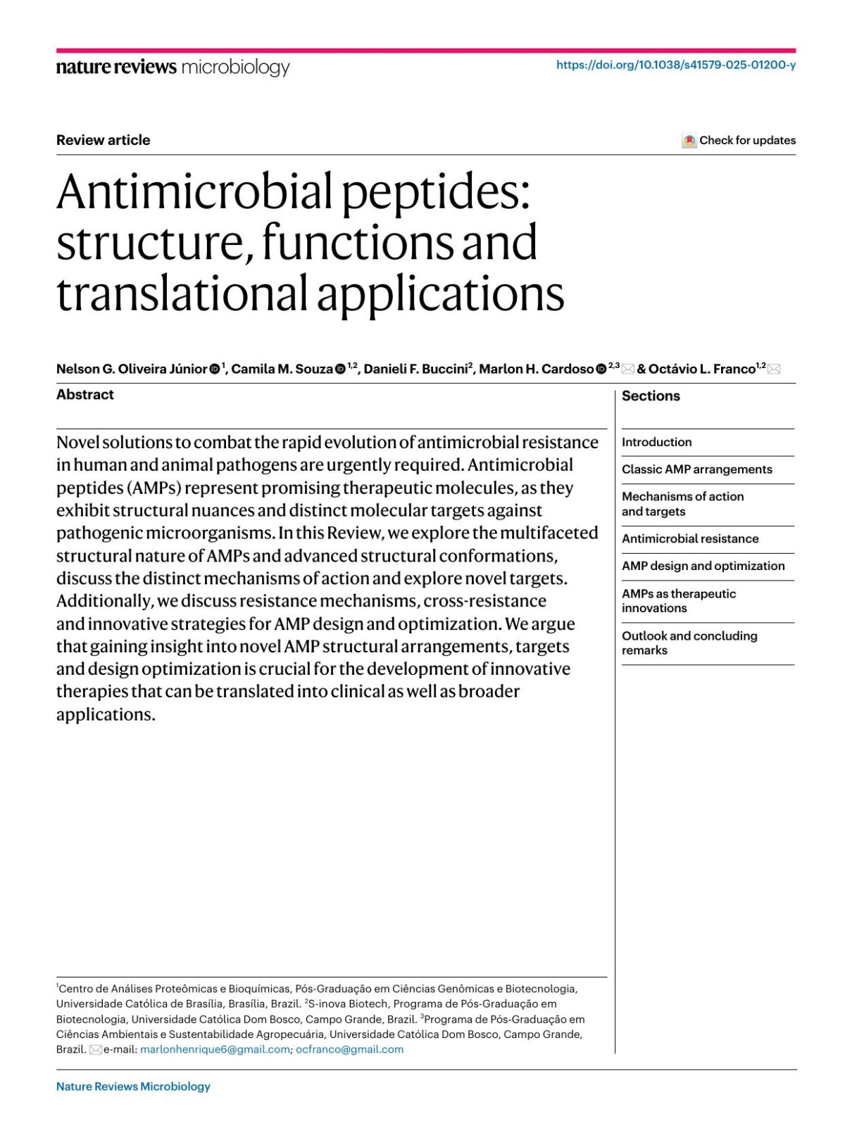 Antimicrobial Peptides Structure Functions And Translational Applications Nelson G Oliveira Jampx000fanior Camila M Souza Danieli F Buccini Marlon H Cardoso Octampx000e1vio L Franco