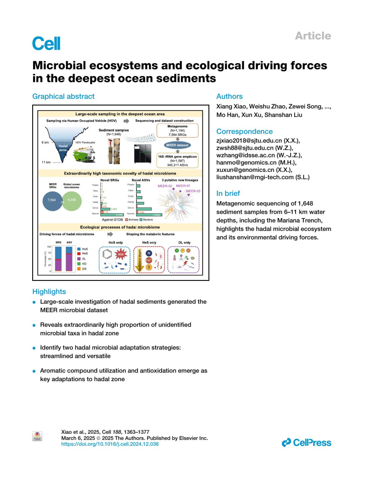 Microbial Ecosystems And Ecological Driving Forces In The Deepest Ocean Sediments Xiang Xiao Weishu Zhao Zewei Song Qi Qi Bo Wang Jiahui Zhu James Lin Jing Wang Aoran Hu Shanshan Huang Yinzhao Wang Jianwei Chen Chao Fang Qianyue Ji Nannan Zhang Liang Meng Xiaofeng Wei Chuanxu Chen Shanya Cai