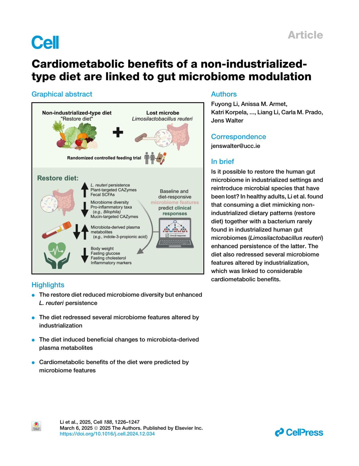 Cardiometabolic Benefits Of A Nonindustrializedtype Diet Are Linked To Gut Microbiome Modulation Fuyong Li Anissa M Armet Katri Korpela Junhong Liu Rodrigo Margain Quevedo Francesco Asnicar Benjamin Seethaler Tianna Bs Rusnak Janis L Cole Zhihong Zhang Shuang Zhao Xiaohang Wang Adele Gagnon Edward C Deehan João F