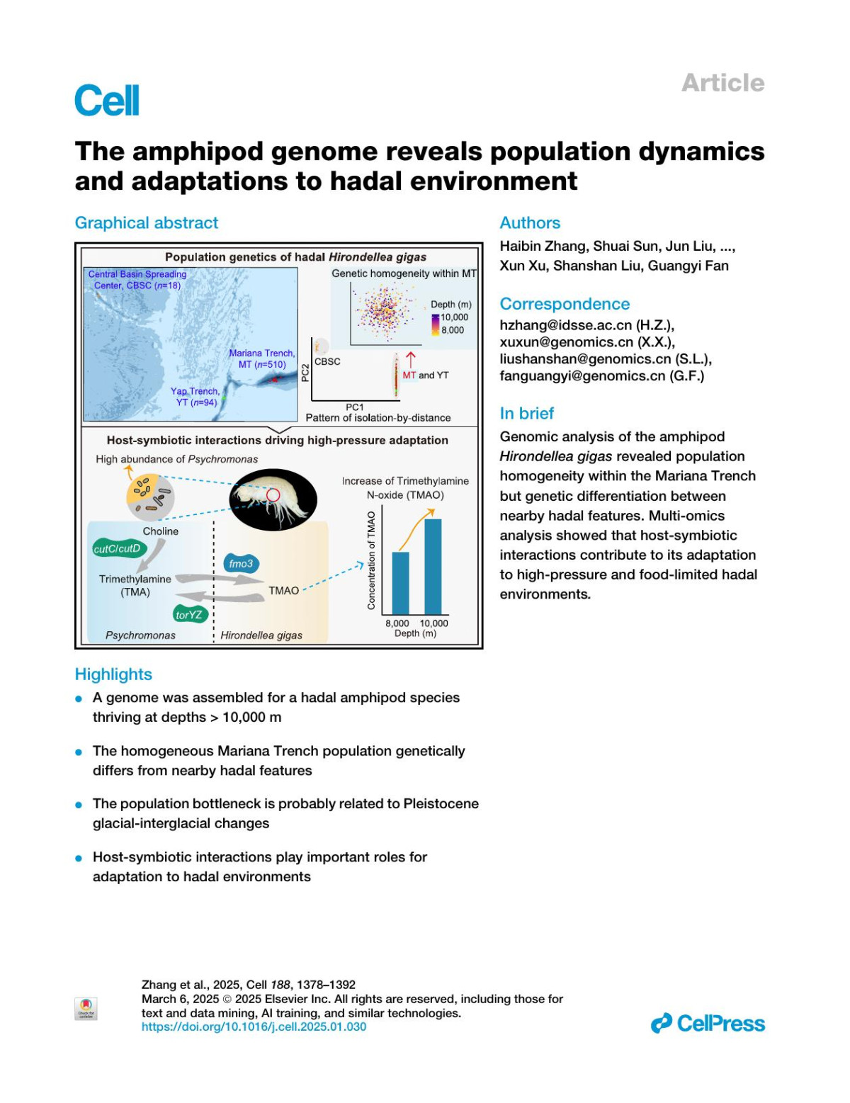 The Amphipod Genome Reveals Population Dynamics And Adaptations To Hadal Environment Haibin Zhang Shuai Sun Jun Liu Qunfei Guo Liang Meng Jianwei Chen Xueyan Xiang Yang Zhou Nannan Zhang Helu Liu Yalin Liu Guoyong Yan Qianyue Ji Lisheng He Shanya Cai Chongyang Cai Xin Huang Shiyu Xu Yunlu Xiao
