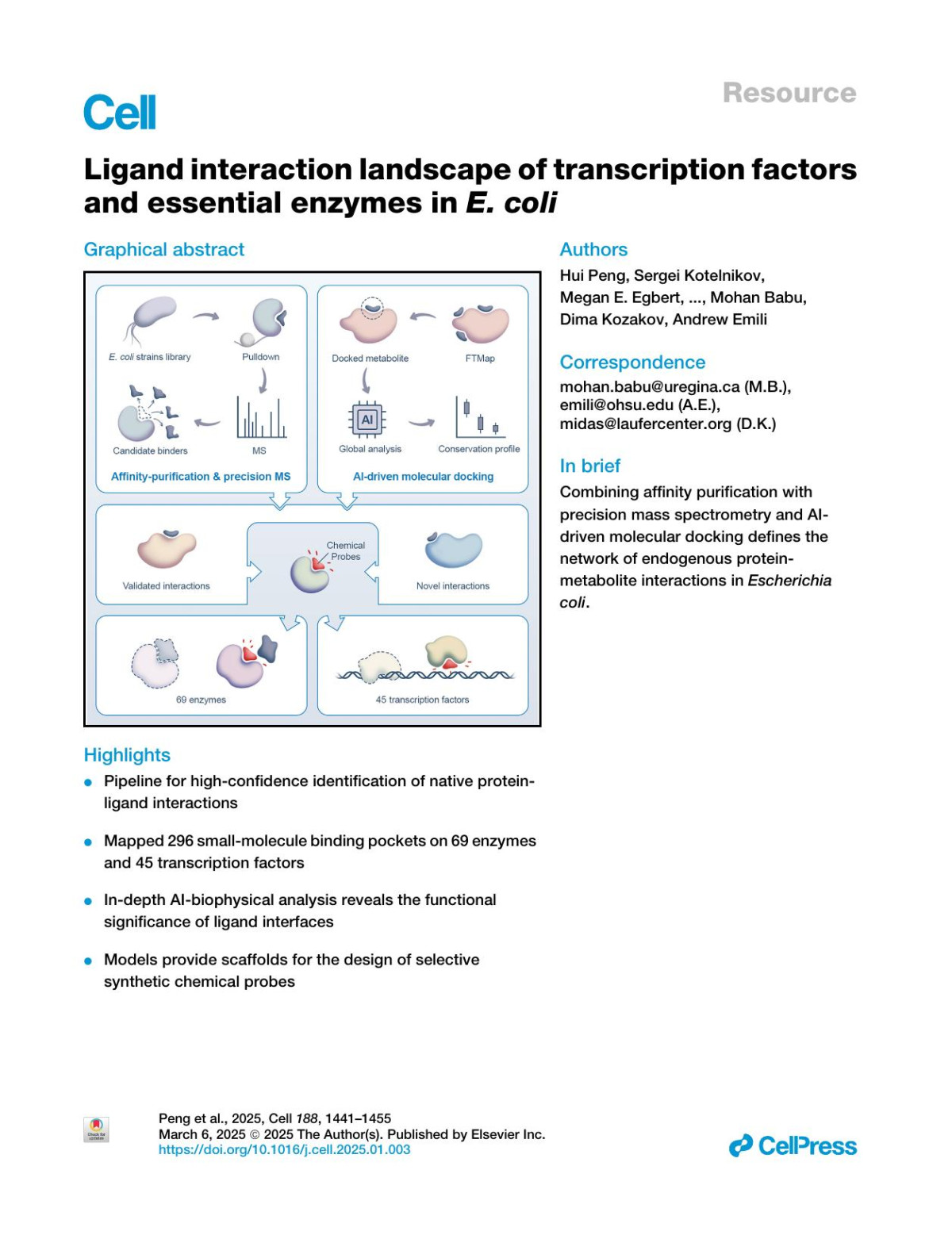 Ligand Interaction Landscape Of Transcription Factors And Essential Enzymes In Enbspcoli Hui Peng Sergei Kotelnikov Megan E Egbert Shany Ofaim Grant C Stevens Sadhna Phanse Tatiana Saccon Mikhail Ignatov Shubham Dutta Zoe Istace Mohamed Taha Moutaoufik Hiroyuki Aoki Neal Kewalramani Jianxian Sun Yufeng Gong