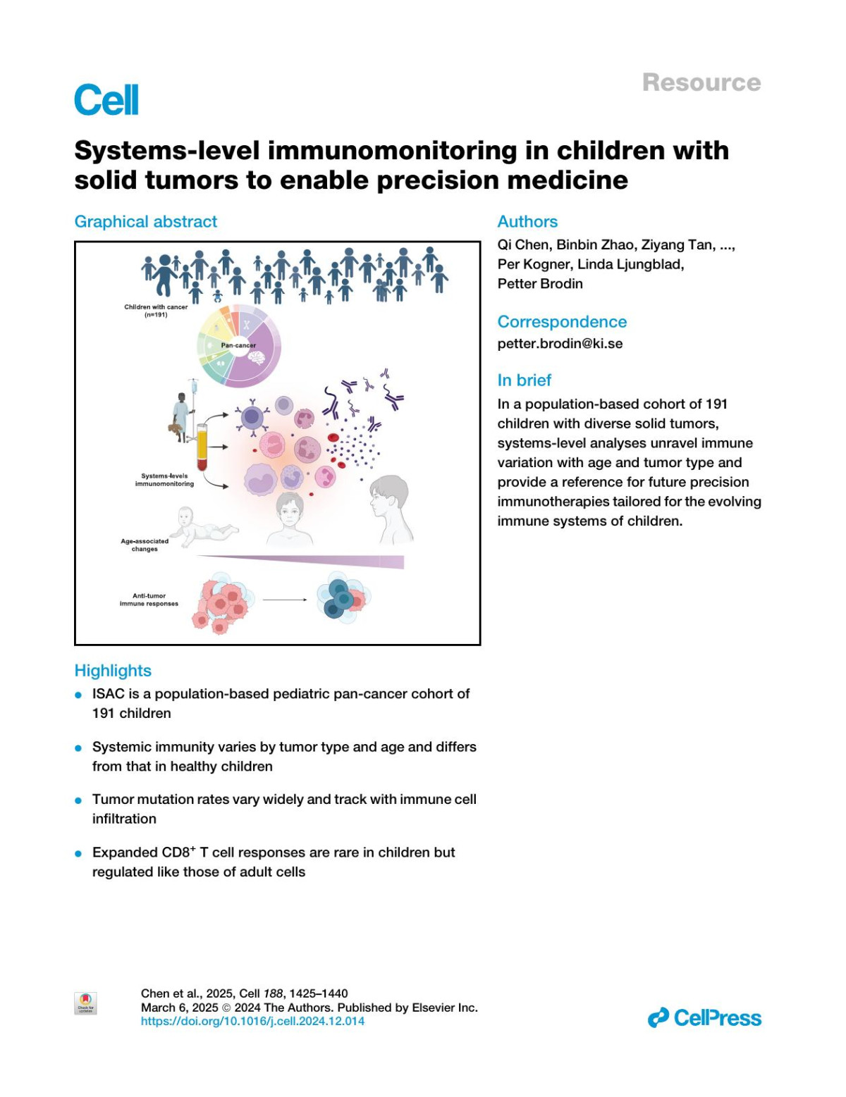Systemslevel Immunomonitoring In Children With Solid Tumors To Enable Precision Medicine Qi Chen Binbin Zhao Ziyang Tan Gustav Hedberg Jun Wang Laura Gonzalez Constantin Habimana Mugabo Anette Johnsson Erika Negrini Laura Piñero Páez Lucie Rodriguez Anna James Yang Chen Jaromír Mikeš Anna Karin Bernhardsson