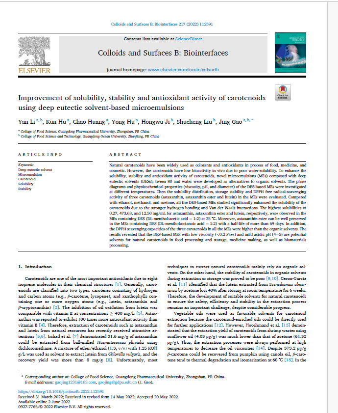 Improvement Of Solubility Stability And Antioxidant Activity Of Carotenoids Using Deep Eutectic Solventbased Microemulsions Li Et Al