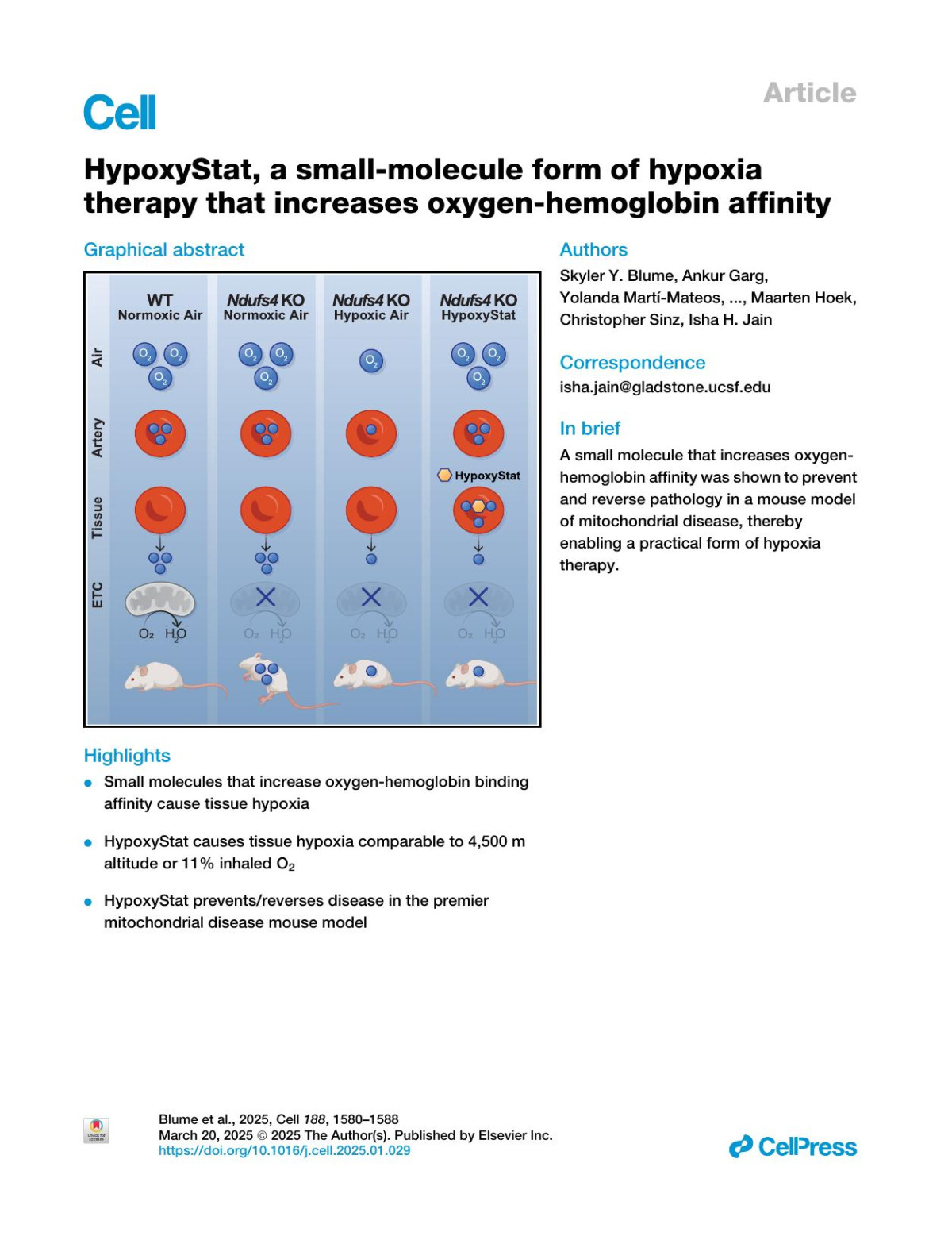 Hypoxystat A Smallmolecule Form Of Hypoxia Therapy That Increases Oxygenhemoglobin Affinity Skyler Y Blume Ankur Garg Yolanda Martímateos Ayush D Midha Brandon Tl Chew Baiwei Lin Cecile Yu Ryan Dick Patrick S Lee Eva Situ Richa Sarwaikar Eric Green Vyas Ramanan Gijsbert Grotenbreg Maarten Hoek Christopher