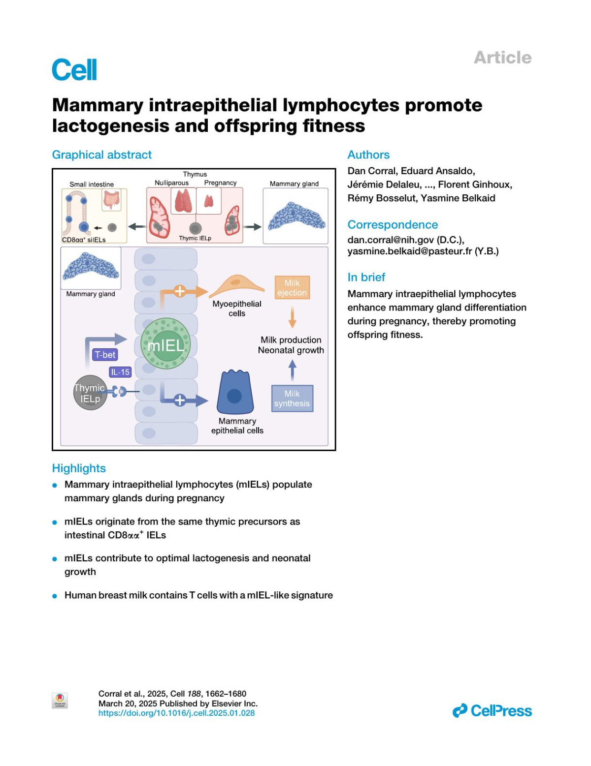 Mammary Intraepithelial Lymphocytes Promote Lactogenesis And Offspring Fitness Dan Corral Eduard Ansaldo Jérémie Delaleu Andrea C Pichler Juraj Kabat Cihan Oguz Ana Teijeiro Daniel Yong Mahnoor Abid Claudia A Rivera Verena M Link Katharine Yang Liang Chi Jia Nie Olena Kamenyeva Yiping Fan Jerry