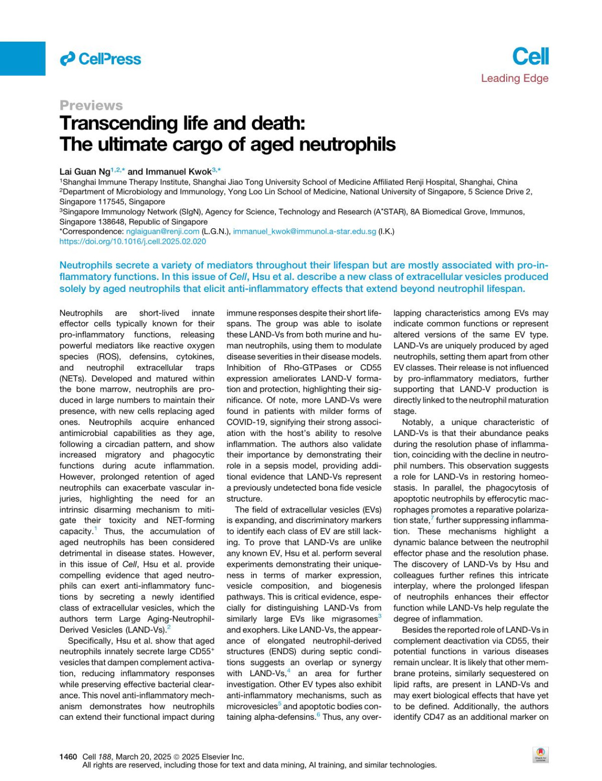 Transcending Life And Death The Ultimate Cargo Of Aged Neutrophils Lai Guan Ng Immanuel Kwok