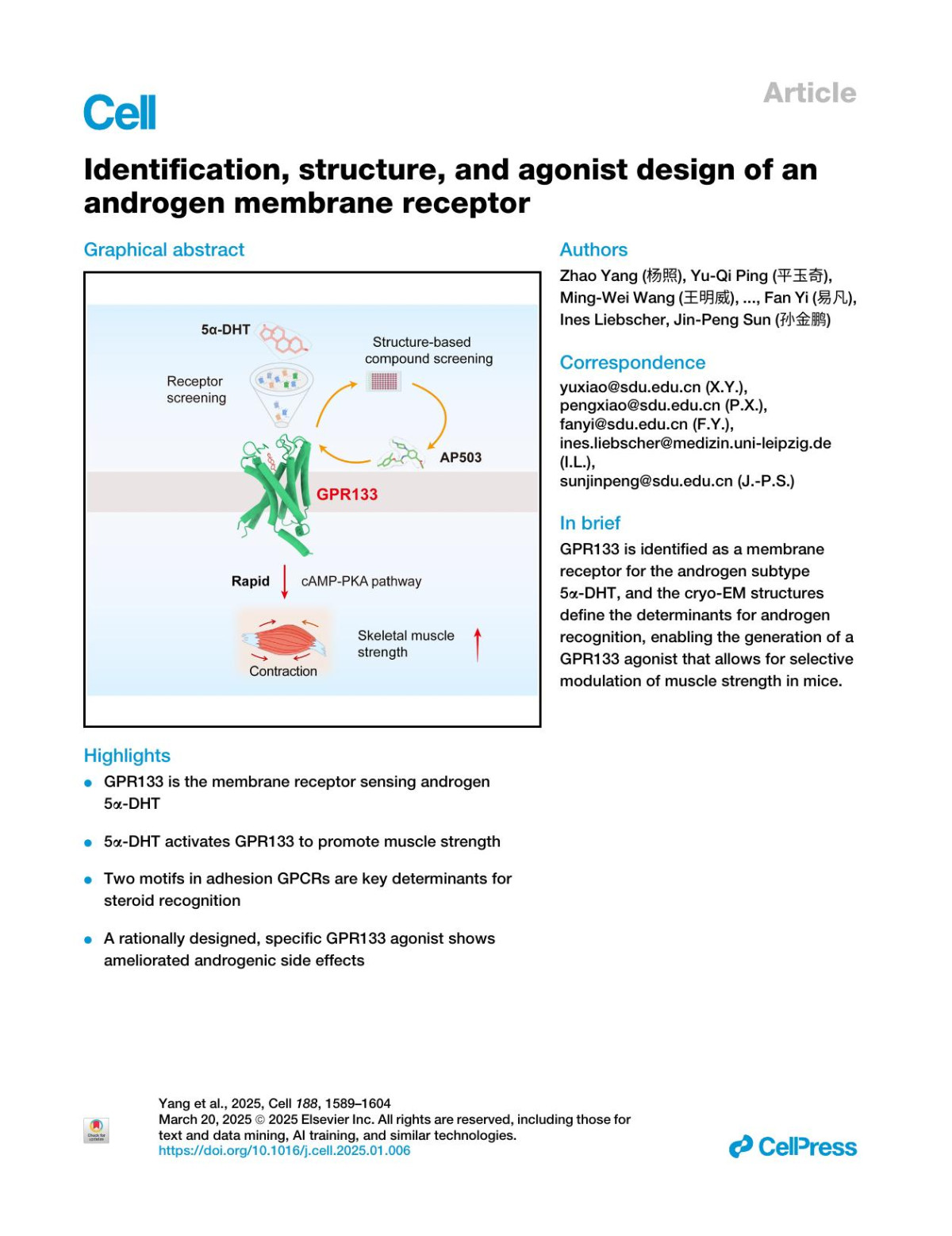 Identification Structure And Agonist Design Of An Androgen Membrane Receptor Zhao Yang 杨照 Yuqi Ping 平玉奇 Mingwei Wang 王明威 Chao Zhang 张超 Shuhua Zhou 周淑华 Yuetong Xi 席乐桐 Kongkai Zhu 朱孔凯 Wei Ding 丁玮 Qiyue Zhang 张琦悦 Zhichen Song 宋芷晨 Rujia Zhao 赵儒嘉 Zilu He 赫子璐 Mengxin Wang