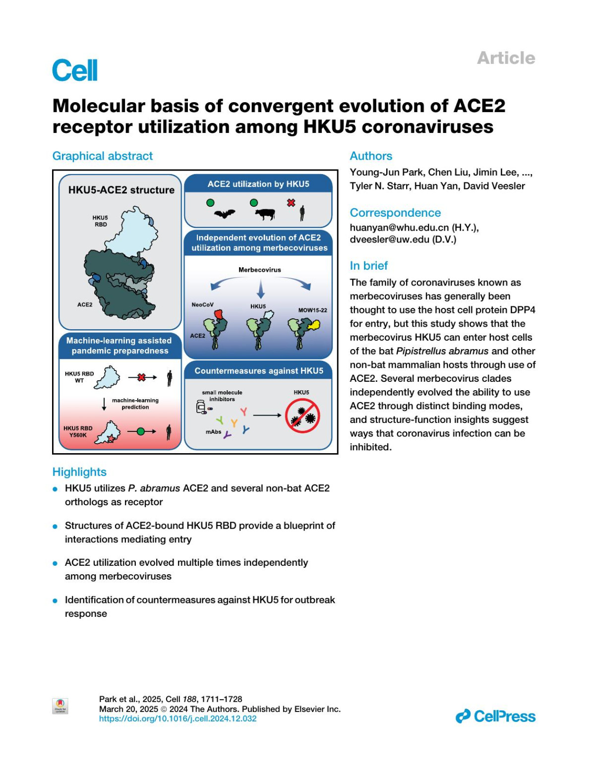 Molecular Basis Of Convergent Evolution Of Ace2 Receptor Utilization Among Hku5 Coronaviruses Youngjun Park Chen Liu Jimin Lee Jack T Brown Chengbao Ma Peng Liu Risako Gen Qing Xiong Samantha K Zepeda Cameron Stewart Amin Addetia Caroline J Craig M Alejandra Tortorici Abeer N Alshukairi Tyler N Starr Huan