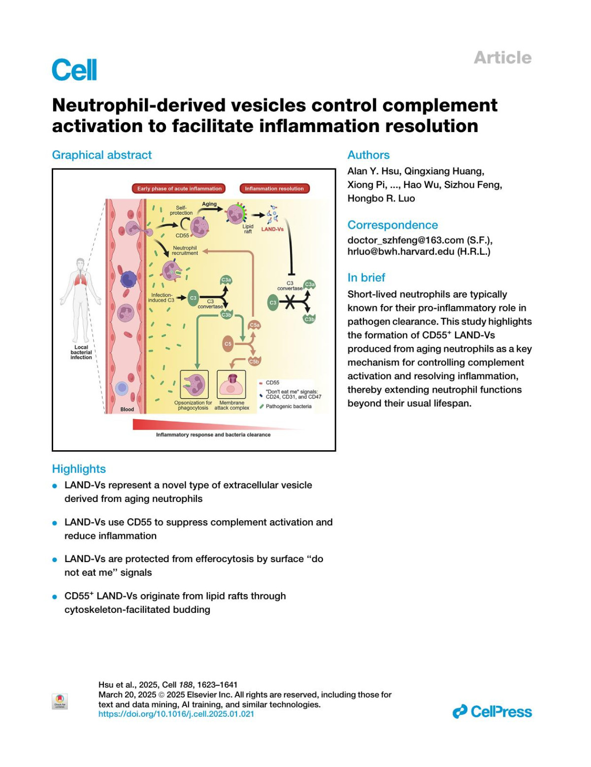 Neutrophilderived Vesicles Control Complement Activation To Facilitate Inflammation Resolution Alan Y Hsu Qingxiang Huang Xiong Pi Jianing Fu Krishnan Raghunathan Laxman Ghimire Arumugam Balasubramanian Xuemei Xie Hongbo Yu Fabien Loison Viraga Haridas Jiali Zha Fei Liu Shinyoung Park Kamal Bagale Qian Ren